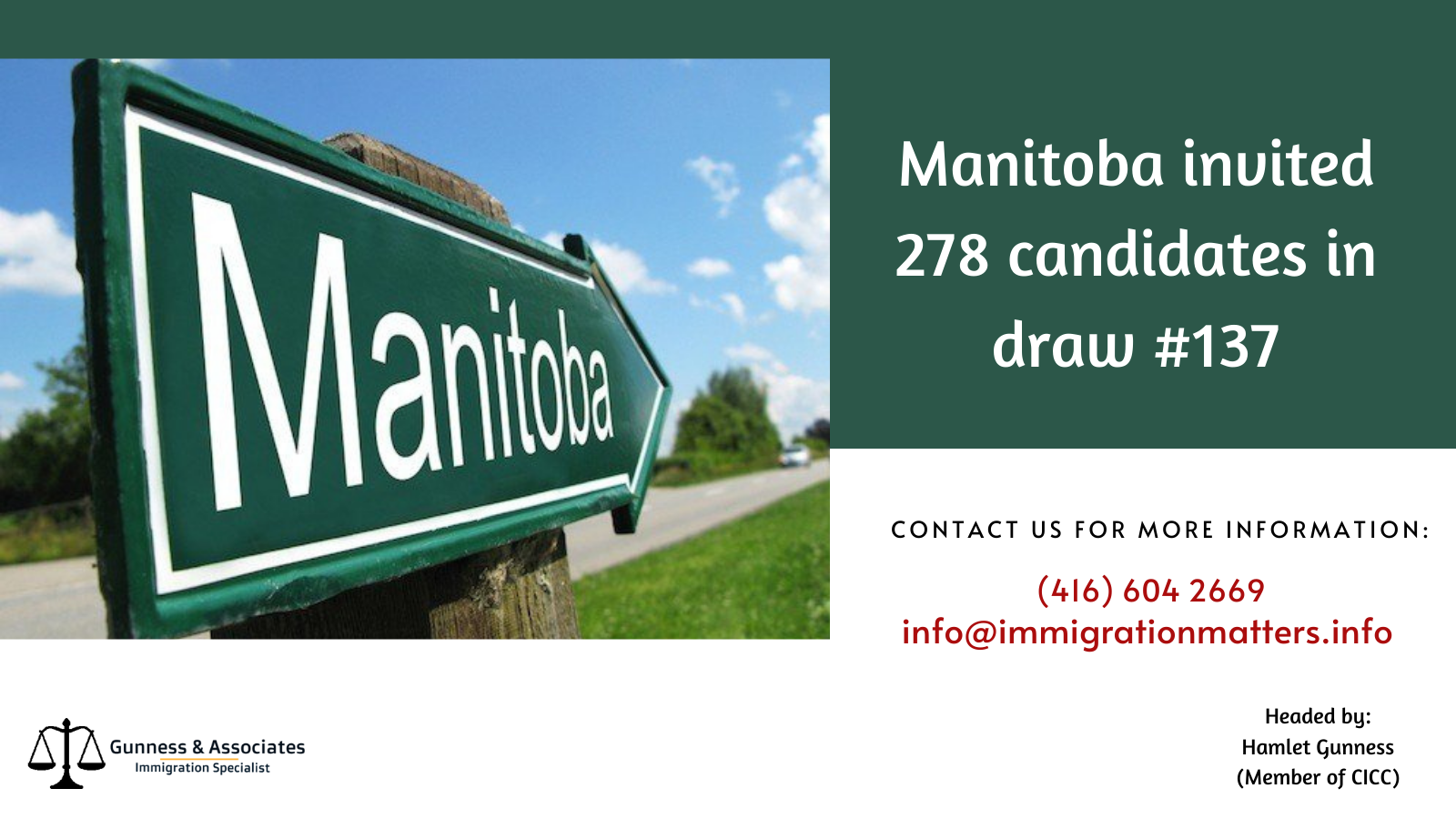 Manitoba invitations to 78 candidates in draw #137. Manitoba published details of a new immigration draw held on February 24, 2022; Manitoba held a new invitation round in the Manitoba Provincial Nominee Program (MPNP). In round #137, MPNP issued 206 Letters of Advice to Apply (LAA) in the Skilled Workers in Manitoba stream.The minimum score to get the LAA in this category was 612 points, 3 points fewer compared to the previous draw. In the Skilled Workers Overseas stream, Manitoba issued 39 LAAs. The lowest score in the SWO category was 685 points, 20 points fewer than in the previous round. In addition, Manitoba invited 33 candidates in the International Education Category. In total, Manitoba issued LAAs to 278 candidates, including 66 Express Entry candidates. MPNP has invited 1,309 candidates in 2022, and 300 of them received invitations in the Express Entry.What is Express Entry, How Does it Works, and How to Apply it?What were the Details of the Latest Manitoba Draw?Skilled Workers Overseas — 39 invitations with a minimum score of 685
Skilled Workers in Manitoba — 206 invitations with a minimum score of 612 and
International Education Stream — 33 invitations there is no need for any score requirement.Among those invitations, 66 were issued to candidates in the Express Entry system (EES).Get a free AssessmentManitoba Immigration Programs Manitoba manages its immigration programs through the MPNP (Manitoba Immigration Programs) which aids immigration applications to the Federal Government. Canadian provinces do not have the power to give out permanent residency status, but they can assist with an application by issuing provincial nominations.If you want to get a nomination for you from Manitoba, you need to register an Expression of Interest (EI) with the MPNP (Manitoba Provincial Nominee Program).  It puts you in a way to receive an LAA (Letters of Advice to Apply) through the Skilled Workers Overseas streams and Skilled Workers in Manitoba. After then Manitoba ranks candidates out of 1,000 points for their human capital factors as well as their connections to the province.The SWO (Skilled Workers Overseas) Category and SWM (Skilled Workers in Manitoba) categories are designed to allow the province to recognize candidates who meet its labor market is needed. Candidates overseas need to demonstrate connections to Manitoba through the likes of close family ties, an invitation through one of Manitoba’s Strategic Recruitment Initiatives, or previous experience in the province.But do not be afraid about the living situation because you do not need to be living in Manitoba at the time of your application to be fit. Join Now for Manitoba invited 278 candidates in draw #137.Read also:Manitoba PNP draw a quicker way to immigration to CanadaManitoba EOI draw how does it workTo know more details about the Manitoba draw, you can contact one of our immigration specialists at Gunness & Associates.Tel: (416) 604-2669Email: info@immigrationmatters.infoAll rights reserved ©2022 Gunness & Associate