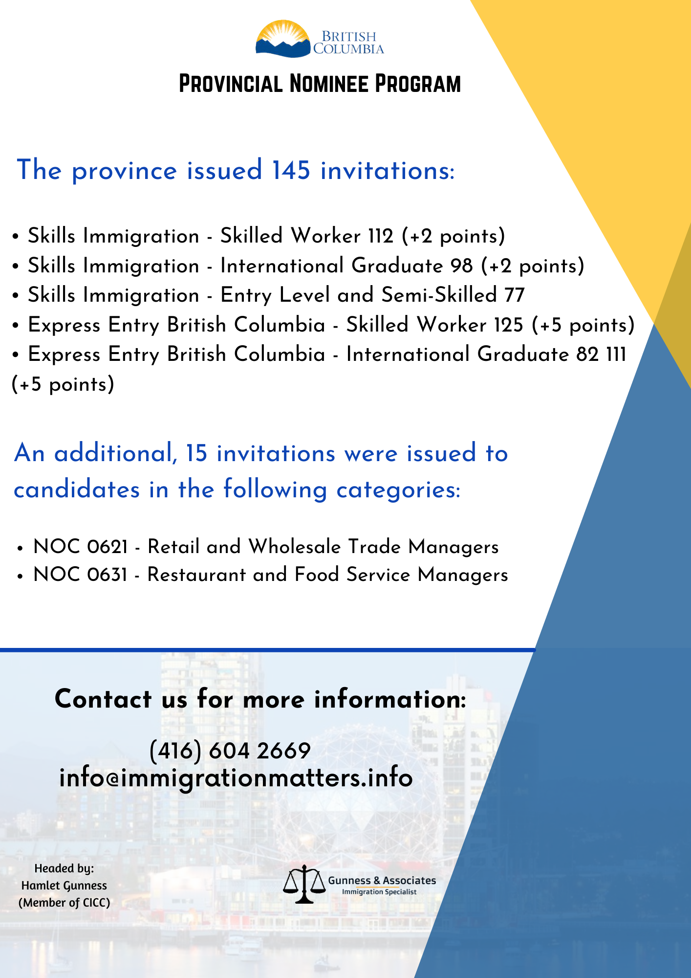 British Columbia issued 160 invitations in the new SI and EEBC of the BCPNP draws
