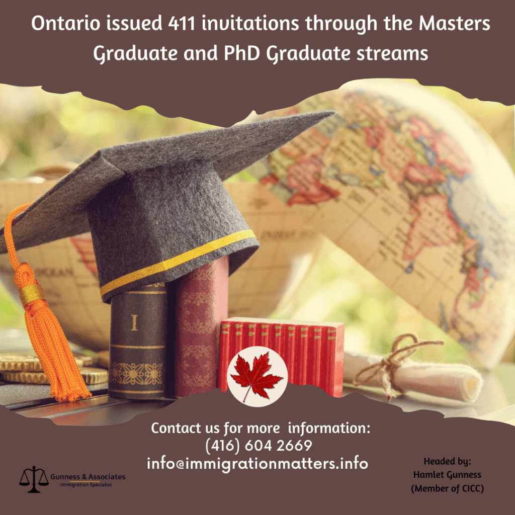 Ontario issued 411 invitations through the Masters Graduate and PhD Graduate streams