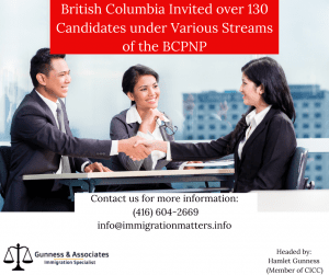 British Columbia Invited over 130 Candidates under Various Streams of the BC PNP On July 5, 2022, British Columbia held new invitation rounds under the British Columbia Provincial Nominee Program (BC PNP). In the BC PNP Tech, the province invited 100 candidates in the 29 eligible Tech occupations. The lowest score of the round was 85 points. In the Childcare-targeted draw for early childhood educators (NOC 4214), the province invited 21 candidates. In the Healthcare-targeted draw, BC invited 7 candidates. Additionally, BC targeted less than 5 candidates under other targeted occupations. The lowest score in those draws was 60 points. In total, the province invited about 133 candidates. So far, British Columbia has already issued about 4,573 ITAs including 1,814 candidates under the BC PNP Tech.You first need to be eligible for the BC PNP, Find out if you are eligible  Get a free assessmentOnce you are eligible you can create an online profile. you can be invited to one of the BC PNP draws, If your score is higher than the cut-off you may be called.Click here to join our newsletter and get up-to-date news on BCPNP.Features related to the Streams of the BC PNPThe following attributes are checked before sending ITAs:Language skills
Level of education and place of completion
Work experience duration and skill level
Occupation
Intention to live and work in any part of British Columbia
Skill level of job offer and wageAre you looking to Migrate to Canada? Speak to a Canadian Immigration Specialist at Gunness & Associates.Tel: (416) 604-2669Email: info@immigrationmatters.infoAll rights reserved ©2022 Gunness & Associates