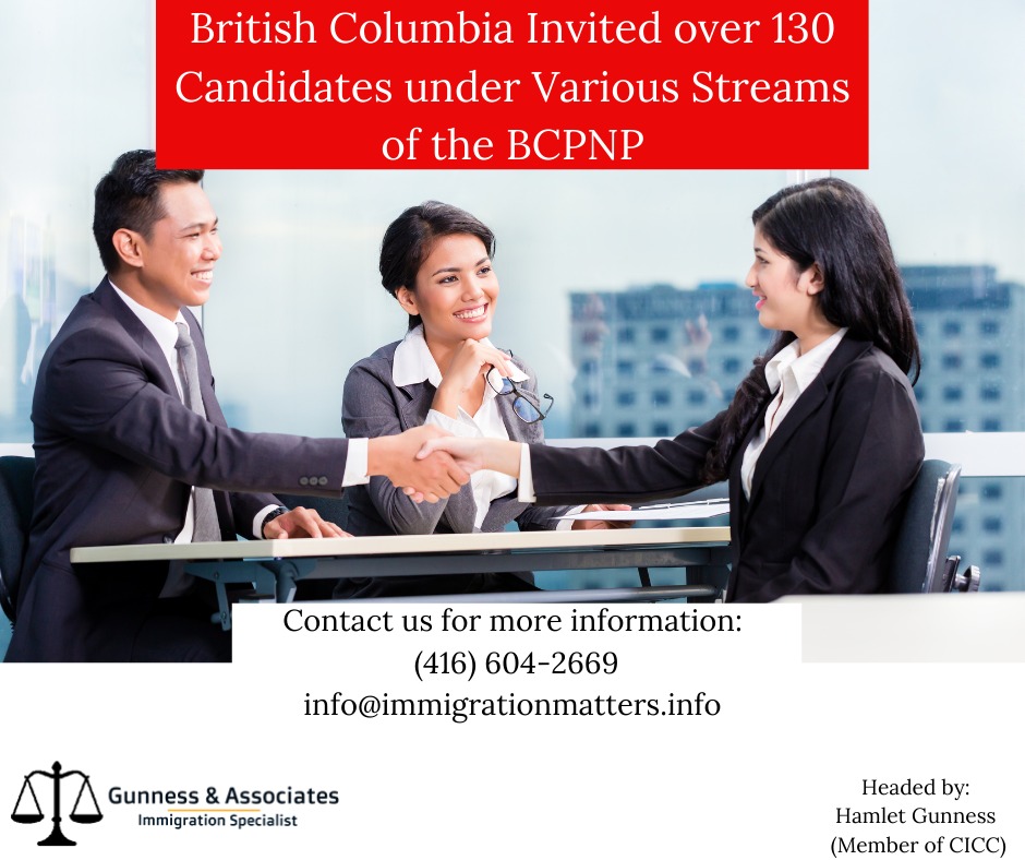 British Columbia Invited over 130 Candidates under Various Streams of the BC PNP On July 5, 2022, British Columbia held new invitation rounds under the British Columbia Provincial Nominee Program (BC PNP). In the BC PNP Tech, the province invited 100 candidates in the 29 eligible Tech occupations. The lowest score of the round was 85 points. In the Childcare-targeted draw for early childhood educators (NOC 4214), the province invited 21 candidates.  In the Healthcare-targeted draw, BC invited 7 candidates. Additionally, BC targeted less than 5 candidates under other targeted occupations. The lowest score in those draws was 60 points. In total, the province invited about 133 candidates. So far, British Columbia has already issued about 4,573 ITAs including 1,814 candidates under the BC PNP Tech. You first need to be eligible for the BC PNP, Find out if you are eligible   Get a free assessment Once you are eligible you can create an online profile. you can be invited to one of the BC PNP draws, If your score is higher than the cut-off you may be called. Click here to join our newsletter and get up-to-date news on BCPNP. Features related to the Streams of the BC PNP The following attributes are checked before sending ITAs: Language skills Level of education and place of completion Work experience duration and skill level Occupation Intention to live and work in any part of British Columbia Skill level of job offer and wage Are you looking to Migrate to Canada? Speak to a Canadian Immigration Specialist at Gunness & Associates. Tel: (416) 604-2669 Email: info@immigrationmatters.info All rights reserved ©2022 Gunness & Associates