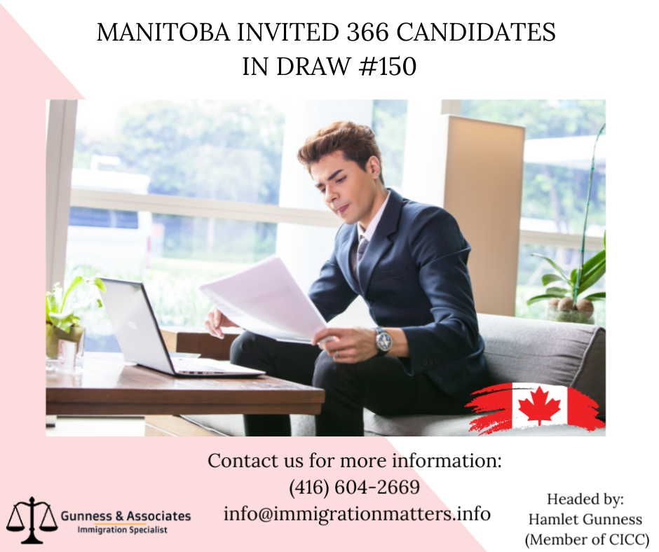 366 Candidates were invited to Manitoba Draw 150 on July 14, 2022, Manitoba held a new invitation round in the Manitoba Provincial Nominee Program (MPNP) and Manitoba invited. In round #150, MPNP issued 293 Letters of Advice to Apply (LAA) in the Skilled Workers in Manitoba stream. The minimum score to get the LAA in this category was 699 points, 74 points fewer compared to the previous draw. In the Skilled Workers Overseas stream, Manitoba issued 33 LAAs. The lowest score in the SWO category was 715 points, 4 points more than in the previous round. In addition, Manitoba invited 40 candidates in the International Education Category. In total, Manitoba issued LAAs to 366 candidates, including 55 Express Entry candidates. MPNP has invited 3,455 candidates in 2022, and 648 of them received invitations in the Express Entry.Get a free Canada Assessment FormOverview of the Manitoba Draw 150On July 14, 2022, 366 applicants received invitations to the Manitoba Provincial Nominee Program (MPNP) in round #150. Manitoba sends out invites in 3 streams of MPNP:Skilled Workers in ManitobaNumber of Letters of Advice to Apply issued: 293
Ranking score of lowest-ranked candidate invited: 699International Education StreamNumber of Letters of Advice to Apply issued: 40Skilled Workers Overseas streamNumber of Letters of Advice to Apply issued: 33 who were invited directly by the MPNP under a Strategic Recruitment Initiative
Ranking score of lowest-ranked candidate invited: 715Of the 366 Letters of Advice to Apply issued in this draw, 55 were issued to candidates who declared a valid Express Entry ID and job seeker validation code.Every newcomer is welcome to settle in Manitoba’s friendly towns and cities. You can enjoy all that the province has to offer, including:help newcomers who want to:- start a new business-find a good job-settle into a new life in Manitobaa strong economy offering many jobs
more than 200 languages are spoken in different parts of the province (English is the official language)To get an up to date immigration news Click here.If you are interested in applying for one of the programs in Manitoba,  MPNP, you can contact an immigration specialist at Gunness & Associates. Tel: (416) 604-2669Email: info@immigrationmatters.infoAll rights reserved ©2022 Gunness & Associates