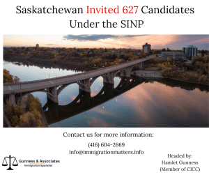 Saskatchewan Invited 627 Applicants Under the SINP on July 14, 2022, Saskatchewan conducted new rounds of invitations in the Saskatchewan Immigrant Nominee Program (SINP). In the Express Entry category, Saskatchewan issued 430 ITAs. Another 195 invitations were issued to the Occupations In-Demand category candidates. The lowest score in both categories was 69 points, 4 points fewer than in the previous draw. In addition, the SINP also invited 2 Ukrainian candidates with a minimum score of 66. All invited candidates had Educational Credential Assessments. In this draw, Saskatchewan invited candidates under 19 different NOCs. This year, Saskatchewan has already invited 1,959 candidates.If you're interested in applying to the program, you can find more information on the Gunness & Associates website.Application QualificationYou need at least 60 points to apply. Factors that will be assessed are:Education
Work Experience
Age
Language
Connection to SaskatchewanSINP Program CategoriesThree SINP program categories you can apply to:International Skilled Worker: for skilled workers who want to work and live in Saskatchewan.
Entrepreneur and Farm: for those who plan to start a business or buy and operate a farm in Saskatchewan.
Saskatchewan Experience: for foreign nationals who already live and work in Saskatchewan.Why choose to immigrate through Saskatchewan PNP?Saskatchewan is one such province that is considered the best immigration destination for aspiring Immigrants. It offers the easiest pathway to Canada Permanent Residency.Saskatchewan has a high standard of living, which helps to attract immigrants to settle in the province. If you are interested in immigrating through Saskatchewan PNP, contact us today. We would be happy to answer any questions you have about the program.Tel: (416) 604-2669Email: info@immigrationmatters.infoAll rights reserved ©2022 Gunness & Associates