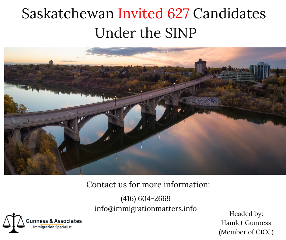 Saskatchewan Invited 627 Applicants Under the SINP on July 14, 2022, Saskatchewan conducted new rounds of invitations in the Saskatchewan Immigrant Nominee Program (SINP). In the Express Entry category, Saskatchewan issued 430 ITAs.  Another 195 invitations were issued to the Occupations In-Demand category candidates. The lowest score in both categories was 69 points, 4 points fewer than in the previous draw. In addition, the SINP also invited 2 Ukrainian candidates with a minimum score of 66.  All invited candidates had Educational Credential Assessments. In this draw, Saskatchewan invited candidates under 19 different NOCs. This year, Saskatchewan has already invited 1,959 candidates. If you're interested in applying to the program, you can find more information on the Gunness & Associates website. Application Qualification You need at least 60 points to apply. Factors that will be assessed are: Education Work Experience Age Language Connection to Saskatchewan SINP Program Categories Three SINP program categories you can apply to: International Skilled Worker: for skilled workers who want to work and live in Saskatchewan. Entrepreneur and Farm: for those who plan to start a business or buy and operate a farm in Saskatchewan. Saskatchewan Experience: for foreign nationals who already live and work in Saskatchewan. Why choose to immigrate through Saskatchewan PNP? Saskatchewan is one such province that is considered the best immigration destination for aspiring Immigrants. It offers the easiest pathway to Canada Permanent Residency. Saskatchewan has a high standard of living, which helps to attract immigrants to settle in the province.  If you are interested in immigrating through Saskatchewan PNP, contact us today. We would be happy to answer any questions you have about the program. Tel: (416) 604-2669 Email: info@immigrationmatters.info All rights reserved ©2022 Gunness & Associates