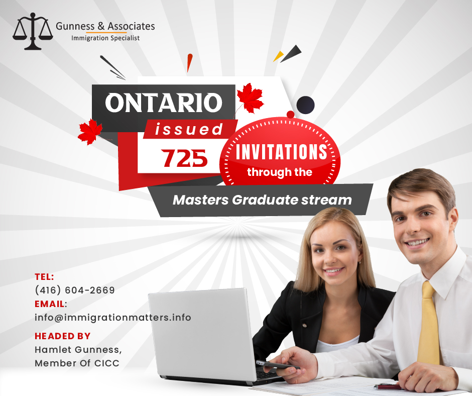 Ontario issued 725 invitations through the Master Graduate Stream on December 21, 2022, Ontario Immigration Nominee Program (OINP) issued 725 invitations to apply (ITAs) to potential candidates in the Expression of Interest system pool for the Master Graduate stream. The minimum score of this round was 46 points, 11 points more than in the previous program-specific draw. 