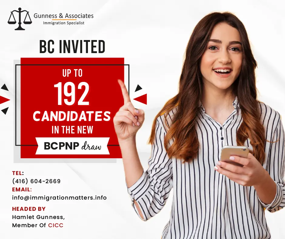 On January 17, 2023, the Government of British Columbia issued new invitations under the British Columbia Provincial Nominee Program (BC PNP) and invited qualified Skills Immigration candidates. In the general draw, the province invited 154 candidates. The minimum score for candidates invited in this draw was 82-105 points.The province issued 18 ITAs to candidates under the childcare-targeted draw for early childhood educators (NOC 42202). In the Healthcare-targeted draw, BC invited 15 candidates. Additionally, fewer than 5 invitations have been issued for other priority occupations (NOCs 31103, 32104). In total, the province invited up to 192 candidates for this draw. This year, British Columbia has already issued 553 invitations.Details of BC PNP draw
The details for the third British Columbia PNP draw, which took place in January 2023, may be found in the table below:Date
Invitations
Stream
Minimum Score
January 17, 2023
154
Skilled Worker
105
January 17, 2023
154
Skilled Worker – EEBC option
105
January 17, 2023
154
International Graduate
105
January 17, 2023
154
International Graduate – EEBC option
105
January 17, 2023
154
Entry Level and Semi-Skilled
82
January 17, 2023
18
Skilled Worker, International Graduate (includes EEBC option)
60
January 17, 2023
15
Skilled Worker, International Graduate (includes EEBC option)
60
January 17, 2023
5
Skilled Worker, International Graduate (includes EEBC option)
60What is BC PNP Skilled Worker stream Eligibility?The growing economy of British Columbia needs experienced and knowledgeable people. Workers in professional, management, technical, trade, or other skilled occupations can get permanent residency in British Columbia through the Skilled Worker stream.To be eligible for this stream, You must:having accepted a full-time, indeterminate work offer from a B.C. employer (the offer cannot be temporary or have a set expiry date). A skilled occupation (NOC TEER 0, 1, 2, or 3) must be the type of work being done.
be able to carry out the job's duties.
have at least two years of full-time work experience (or work experience equivalent to full-time) in any skilled occupation (NOC TEER 0, 1, 2, or 3).
show your ability to care for yourself and your dependents.
have legal immigration status in Canada, or be eligible to apply for it.
Meet the minimum language requirements for NOC TEER 2 or 3 occupations.
a pay offer that is in line with the occupation's earning rates in British Columbia.Also, Read our Blog: British Columbia issued 150 invitations in the new BC PNP drawsTo find out more details about “BC invited up to 192 candidates in the new BC PNP draw” you can contact one of our immigration specialists at  Gunness & Associates.Tel: (416) 604-2669
Email: info@immigrationmatters.infoGunness & Associates has helped thousands of people successfully immigrate to Canada with their families. Our skilled and experienced immigration experts have the expertise to accurately examine your case and advise you on the best method of proceeding to best serve your needs.For honest and straightforward advice, contact the experts
at Gunness & Associates.Get a free AssessmentJoin our newsletter and get up-to-date immigration news Click hereAll rights reserved ©2022 Gunness & Associate
