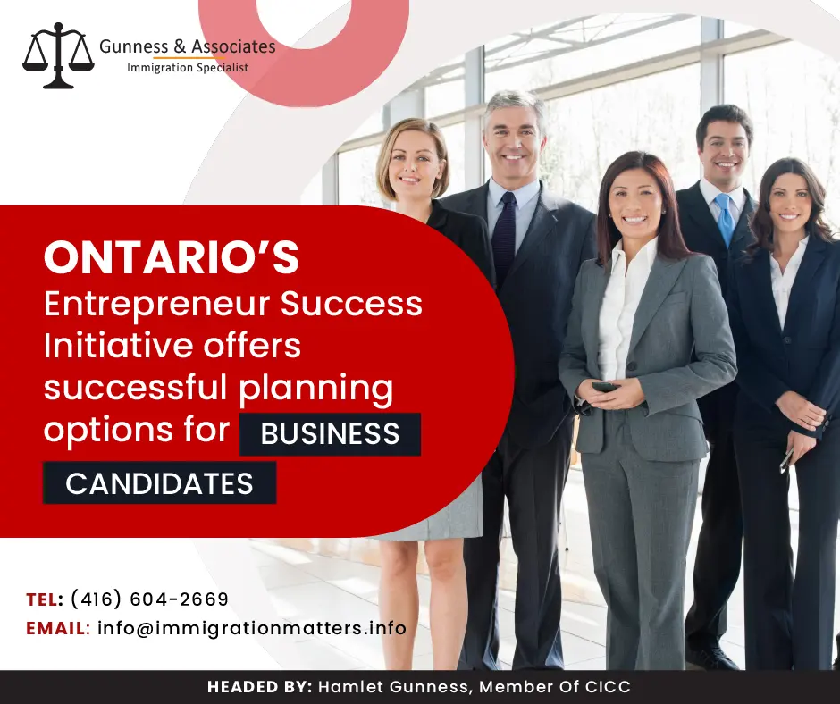 The Ontario Immigrant Nominee Program (OINP) offers new options for succession planning under the Entrepreneur Success Initiative, as many business owners plan to retire in the next five years. The Entrepreneur Success Initiative is a two-year pilot program designed to assist 100 candidates in applying to the OINP Entrepreneur Stream and establishing or purchasing a new business in Ontario.  Immigrant entrepreneurs and professionals with international experience bring unique skills to Ontario that are essential for fostering economic growth. Their knowledge, global expertise, innovative insights, and impressive qualifications have helped the province advance significantly. What is an Entrepreneur Success Initiative? The Ontario Immigrant Nominee Program (OINP) enables individuals with the qualifications required in regard to education, skills, and experience to submit an application for nomination as permanent residents of Ontario. The OINP's Entrepreneur Stream is for entrepreneurs from outside of Canada who want to start a new business in Ontario or purchase and expand an existing one. The OINP Entrepreneur Success Initiative (OINP-ESI) will assist prospective immigrant businesses in creating and submitting Entrepreneur Stream applications. The initiative's objective is to draw and support 100 new applications. The OINP Enterprise Success Initiative OINP-ESI will be administered for two years by the Toronto Business Development Centre (TBDC). OINP Entrepreneur Success Initiative Services offered by the OINP Entrepreneurs Success Initiative (OINP-ESI) include: locate potential locations for new and expanding businesses outside of the Greater Toronto Area (GTA). To increase awareness among entrepreneurs, market the Entrepreneur Stream and business opportunities internationally. Support qualified business owners who want to open a new company or acquire an established company in areas outside of the Greater Toronto Area. based on their businesses, personal interests, and professional experience, match qualified entrepreneurs with business opportunities and communities. help qualified businesses in creating and submitting EOIs of the highest quality to the Entrepreneur Stream. assist EOI registrants who get a call for applications to create and send strong applications to the Entrepreneur Stream. Want to know more details about “Ontario’s Entrepreneur Success Initiative offers successful planning options for business candidates” you can contact one of our immigration specialists at  Gunness & Associates. Tel: (416) 604-2669  Email: info@immigrationmatters.info Gunness & Associates has helped thousands of people successfully immigrate to Canada with their families. Our skilled and experienced immigration experts have the expertise to accurately examine your case and advise you on the best method of proceeding to best serve your needs. For honest and straightforward advice, contact the experts at Gunness & Associates. Get a free Assessment  Join our newsletter and get up-to-date immigration news Click here All rights reserved ©2022 Gunness & Associate