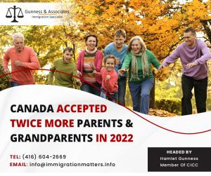 Last year, the number of family members reunited with their loved ones in Canada through the Parents and Grandparents Program (PGP) skyrocketed - more than doubling its previous record set before the COVID-19 pandemic. According to the newest records from Immigration, Refugees and Citizenship Canada (IRCC), an impressive 27,195 new permanent residents arrived in Canada through the PGP last year or 11,740 more than in 2021, a 131.6% rise.The PGP, which relies upon Canadian relatives sponsoring the parents and grandparents of immigrants, has been gradually rebuilding its numbers following the massive reduction in immigration due to public health protocols and travel restrictions.The number of new arrivals under the PGP similarly dropped as overall immigration did, from 341,175 new permanent residents in 2019, the full year before the pandemic, to only 184,595 newcomers in 2020.In comparison to 2019, when the PGP welcomed 22,010 new permanent residents, the program only saw 10,455, or a 52.5% decrease, in the first year of the pandemic.The following year, with a then-record-breaking 406,040 new permanent residents, overall immigration roared back to life.However, despite that year's significant increase in immigration, the number of new arrivals under the PGP only increased by a modest 12.3% to 11,740 new permanent residents in 2021.The number of immigrants entering Canada through the PGP at this time is approximately two times higher than it was in 2015, when 15,490 parents and grandparents may be sponsored to immigrate.There's little chance that the PGP numbers will be even higher this year given Ottawa's significantly higher immigration targets for the upcoming years.Canada plans to welcome 1.45 million immigrants within three years Ottawa's immigration levels plan for the years 2023–2025 sets a target of 465,000 new permanent residents for 2023. 2024 will see 485,000 new permanent residents enter, following 500,000 more in 2025.Overall, 1.45 million immigrants will arrive in Canada during the next three years.The PGP requires applicants to pay $1,050 to sponsor a parent or grandparent, and the process can take up to 39 months. The sponsors must provide biometrics after submitting their applications. The time it took to submit these biometrics is included in the processing time.After submitting an interest in sponsoring these relatives, a Canadian citizen or permanent resident will receive an invitation to apply (ITA) and will then need to send two applications to the PGP:the sponsorship application, and;
the permanent residence applicationIf those applications are accepted, the sponsor enters into an agreement that begins the day the sponsor becomes a Canadian permanent resident.Eligibility requirements to sponsor the parents and grandparents you can sponsor your own parents and relatives If:You are invited to apply.
You are at least 18 years old.
You're a Canadian Permanent resident.
You are a Canadian citizen, a permanent resident of Canada, or a person who has a Canadian Indian Act registered.
You have sufficient money to support the people you want to support.
You meet all additional requirements specified in the Immigration and Refugee Protection Act and its regulations.Want to know more details about “Canada accepted twice more the parents and grandparents in 2022” you can contact one of our immigration specialists at  Gunness & Associates.Tel: (416) 604-2669 Email: info@immigrationmatters.infoGunness & Associates has helped thousands of people successfully immigrate to Canada with their families. Our skilled and experienced immigration experts have the expertise to accurately examine your case and advise you on the best method of proceeding to best serve your needs.For honest and straightforward advice, contact the expertsat Gunness & Associates.Get a free Assessment Join our newsletter and get up-to-date immigration news Click hereAll rights reserved ©2022 Gunness & Associate