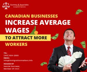 Canadian businesses increase average wages to attract more workers due to the severe labor shortages, Canadian employers offer higher wages to employees to attract more workers. In 2022, average wages increased by 3.4 percent to hit $1,173.90 weekly. With the labor market in Canada being so competitive, foreign nationals have a unique chance to seize this opportunity and gain permanent residency through the numerous economic immigration programs. According to the latest update from Statistics Canada, job vacancies stayed high in December, with overall job vacancies at 848,800. While the number of job vacancies in transportation, warehousing, finance, and insurance declined, healthcare and social assistance experienced a surge in open positions.Canadian businesses increase average wages in the following sectors:
Industries that produce products and services
Health care and social assistance
Finance and insurance
Construction Payroll Employment in Goods and Service producing sectors:In December, the services-producing sector increased payroll employment by 72,400 (+0.5%). Payroll employment in the goods sector increased by 13,600 (+0.4%), Health care and social assistance payroll employment increase: Health care and social assistance payroll employment increased by 26,500 (+1.2%) in December. This was the fourth consecutive month of increase.Seven provinces increase in payroll employment in this industry in December 2022, with Quebec (+8,800; +1.7%), Ontario (+5,600; +0.7%), British Columbia (+4,600; +1.5%), and Alberta (+3,800; +1.6%) taking the lead. There was a small decline in Newfoundland and Labrador (-100; -0.3%).General medical and surgical hospitals have seen the biggest rise (+6,900; +1.2%), followed by outpatient care centers (+3,700; +2.3%), and individual and family services (+3,100; +1.7%). These three industries made up about 40% of total payroll employment in the sector.Payroll employment in the finance and insurance sector: With continued month-over-month growth in the industry, payroll employment in the finance and insurance sector increased by 13,800 (+1.7%) in December, capping off 2022. Payroll employment in the industry increased on a yearly basis by 59,000 (+7.6%) in December. Gains from month to month were centered in Ontario (+6,700; +1.7%) and Quebec (+4,800; +2.8%) in December.On a national level, payroll employment increased in 7 out of the 11 industries in the sector in December, with insurance carriers (+4,100; +2.6%), agencies, brokerages, and other insurance-related businesses (+2,400; +2.5%), and intermediation and brokerage of securities and commodity contracts (+2,100; 4.0%) leading the way.Increases construction payroll employment:Construction payroll employment rose for the fourth straight month in December (+11,500; +1.0%), bringing the year-to-date increases to 40,600 (+3.6%) since September. Alberta (+2,500; +1.4%) and Ontario (+4,800; +1.2%) registered the biggest monthly gains in construction in December.Highway, street, and bridge construction (+2,700; +4.9%), foundation, structure, and building contractors (+2,600; +1.9%), and building machinery contractors (+2,100; +0.7%) all led to the sector's monthly gains nationally. The only sector to experience a month-over-month decline in December was residential building construction (-2,400; -1.4%), which coincided with a 2.1% decline in residential building investments during the same month.Average wages increased by 3.4%Average weekly wages increased by 3.4% to $1,174 in December on an annual basis, which is less than the 4.0% growth recorded in November. The largest proportional increase in average weekly earnings was reported in the:Newfoundland and Labrador (+6.7%, to $1,177),
New Brunswick (+4.6%, to $1,078) and
Quebec (+4.5%, to $1,130).   Job vacancies up in health care and social assistance In December, there were 149,800 job vacancies in the health care and social assistance sectors, an increase of 18,200 (+13.8%) that more than recorded for the drop in November (-19,400; -12.8%).Since the start of the pandemic, job openings in the sector have more than doubled, accounted 17.7% of all vacancies in December, up from 13.6% in February 2020. From February 2020 to December 2022, payroll employment in social assistance and health care increased as well, but at a much slower rate. As a consequence, the sector's job vacancy rate increased from 3.5% in February 2020 to 6.2% in December, which was the third-highest of all sectors.5 top sectors for job vacancies Job vacancies held steady in 14 sectors in December, including 5 sectors that together accounted for nearly half (49.0%) of all vacancies in the month: accommodation and food services (108,800 job vacancies); retail trade (100,200); construction (77,400); manufacturing (71,700); and professional, scientific, and technical services (58,100).Want to know more details about “Canadian businesses increase average wages to attract more workers” you can contact one of our immigration specialists at  Gunness & Associates.Tel: (416) 604-2669 Email: info@immigrationmatters.infoGunness & Associates has helped thousands of people successfully immigrate to Canada with their families. Our skilled and experienced immigration experts have the expertise to accurately examine your case and advise you on the best method of proceeding to best serve your needs.For honest and straightforward advice, contact the expertsat Gunness & Associates.Get a free Assessment Join our newsletter and get up-to-date immigration news Click hereAll rights reserved ©2022 Gunness & Associate