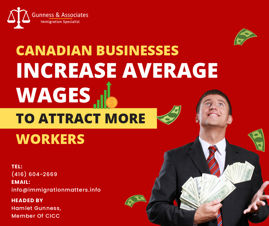 Canadian businesses increase average wages to attract more workers due to the severe labor shortages, Canadian employers offer higher wages to employees to attract more workers. In 2022, average wages increased by 3.4 percent to hit $1,173.90 weekly. With the labor market in Canada being so competitive, foreign nationals have a unique chance to seize this opportunity and gain permanent residency through the numerous economic immigration programs.  According to the latest update from Statistics Canada, job vacancies stayed high in December, with overall job vacancies at 848,800. While the number of job vacancies in transportation, warehousing, finance, and insurance declined, healthcare and social assistance experienced a surge in open positions. Canadian businesses increase average wages in the following sectors: Industries that produce products and services Health care and social assistance Finance and insurance Construction  Payroll Employment in Goods and Service producing sectors: In December, the services-producing sector increased payroll employment by 72,400 (+0.5%). Payroll employment in the goods sector increased by 13,600 (+0.4%),  Health care and social assistance payroll employment increase:  Health care and social assistance payroll employment increased by 26,500 (+1.2%) in December. This was the fourth consecutive month of increase. Seven provinces increase in payroll employment in this industry in December 2022, with Quebec (+8,800; +1.7%), Ontario (+5,600; +0.7%), British Columbia (+4,600; +1.5%), and Alberta (+3,800; +1.6%) taking the lead. There was a small decline in Newfoundland and Labrador (-100; -0.3%). General medical and surgical hospitals have seen the biggest rise (+6,900; +1.2%), followed by outpatient care centers (+3,700; +2.3%), and individual and family services (+3,100; +1.7%). These three industries made up about 40% of total payroll employment in the sector. Payroll employment in the finance and insurance sector:  With continued month-over-month growth in the industry, payroll employment in the finance and insurance sector increased by 13,800 (+1.7%) in December, capping off 2022. Payroll employment in the industry increased on a yearly basis by 59,000 (+7.6%) in December. Gains from month to month were centered in Ontario (+6,700; +1.7%) and Quebec (+4,800; +2.8%) in December. On a national level, payroll employment increased in 7 out of the 11 industries in the sector in December, with insurance carriers (+4,100; +2.6%), agencies, brokerages, and other insurance-related businesses (+2,400; +2.5%), and intermediation and brokerage of securities and commodity contracts (+2,100; 4.0%) leading the way. Increases construction payroll employment: Construction payroll employment rose for the fourth straight month in December (+11,500; +1.0%), bringing the year-to-date increases to 40,600 (+3.6%) since September. Alberta (+2,500; +1.4%) and Ontario (+4,800; +1.2%) registered the biggest monthly gains in construction in December. Highway, street, and bridge construction (+2,700; +4.9%), foundation, structure, and building contractors (+2,600; +1.9%), and building machinery contractors (+2,100; +0.7%) all led to the sector's monthly gains nationally. The only sector to experience a month-over-month decline in December was residential building construction (-2,400; -1.4%), which coincided with a 2.1% decline in residential building investments during the same month. Average wages increased by 3.4% Average weekly wages increased by 3.4% to $1,174 in December on an annual basis, which is less than the 4.0% growth recorded in November. The largest proportional increase in average weekly earnings was reported in the: Newfoundland and Labrador (+6.7%, to $1,177), New Brunswick (+4.6%, to $1,078) and Quebec (+4.5%, to $1,130).    Job vacancies up in health care and social assistance  In December, there were 149,800 job vacancies in the health care and social assistance sectors, an increase of 18,200 (+13.8%) that more than recorded for the drop in November (-19,400; -12.8%). Since the start of the pandemic, job openings in the sector have more than doubled, accounted 17.7% of all vacancies in December, up from 13.6% in February 2020. From February 2020 to December 2022, payroll employment in social assistance and health care increased as well, but at a much slower rate. As a consequence, the sector's job vacancy rate increased from 3.5% in February 2020 to 6.2% in December, which was the third-highest of all sectors. 5 top sectors for job vacancies  Job vacancies held steady in 14 sectors in December, including 5 sectors that together accounted for nearly half (49.0%) of all vacancies in the month: accommodation and food services (108,800 job vacancies); retail trade (100,200); construction (77,400); manufacturing (71,700); and professional, scientific, and technical services (58,100). Want to know more details about “Canadian businesses increase average wages to attract more workers” you can contact one of our immigration specialists at  Gunness & Associates. Tel: (416) 604-2669  Email: info@immigrationmatters.info Gunness & Associates has helped thousands of people successfully immigrate to Canada with their families. Our skilled and experienced immigration experts have the expertise to accurately examine your case and advise you on the best method of proceeding to best serve your needs. For honest and straightforward advice, contact the experts at Gunness & Associates. Get a free Assessment  Join our newsletter and get up-to-date immigration news Click here All rights reserved ©2022 Gunness & Associate