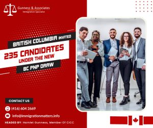 British Columbia invited up to 235 candidates in the new Targeted BC PNP draw on March 14, 2023, British Columbia issued new invitations in the Skilled Worker – International Graduate categories of the British Columbia Provincial Nominee Program (BCPNP). In the Tech-targeted draw, BC issued 197 invitations with a minimum score of 83 points. In the Childcare-targeted draw for early childhood educators (NOC 42202), the province invited 23 candidates who scored 60 points. In the Healthcare-targeted draw, the province issued ten invitations. Additionally, fewer than five invitations have been issued for other priority occupations (NOCs 31103, 32104). The province invited up to 235 candidates with a score of 60-83 points. Including this draw, in 2023, British Columbia has already issued 2,540 invitations.Details of the new Targeted BC PNP drawSkills Immigration invitations for the Targeted BC PNP draw held on March 14, 2023, and invited up to 235 Candidates details for Streams can be found in the table below:DateStreamNumber of InvitationsMinimum ScoreDescriptionMarch 14, 2023Skilled Worker, International Graduate (includes EEBC option)19783Targeted draw: TechSkilled Worker, International Graduate (includes EEBC option)2360 Targeted draw: Childcare: Early childhood educators and assistants (NOC 42202)Skilled Worker, International Graduate (includes EEBC option)1060Targeted draw: HealthcareMarch 14, 2023Skilled Worker, International Graduate (includes EEBC option)<560Targeted draw: Other priority occupations (NOCs 31103, 32104)Level and field of education, Eligibility for professional designations in British, Columbia, Language, Occupation, Work experience, Intention to live, work, and settle in British Columbia, Wages or level of the job offer, and Strategic priorities are the factors that contribute to the targeted invitations to apply.Also, read details for BC PNP Latest draws:BC INVITED 274 SKILLED CANDIDATES UNDER THE LATEST BC PNP DRAWSTHE BC PNP ISSUED 169 INVITATIONS TO SKILLED WORKERS AND TECH CANDIDATESBRITISH COLUMBIA INVITED OVER 240 SKILLED CANDIDATES UNDER THE NEW BC PNP DRAWSBRITISH COLUMBIA INVITED UP TO 237 CANDIDATES FOR THE NEW BC PNP SKILLS IMMIGRATIONIN THE LATEST BC PNP DRAW BRITISH COLUMBIA INVITED 245 CANDIDATESOverview of the British Columbia Provincial Nominee Program (BC PNP) The Immigration Programs department in the Government of British Columbia administers the BC Provincial Nominee Program (BC PNP), an economic immigration program.The province may select and nominate foreign workers, students, and entrepreneurs through the program in order to promote government initiatives, fill labor market gaps, and expand the province's economy. You and your family can apply to IRCC to become permanent residents of Canada if you are nominated.Want to know more details about “British Columbia invited up to 235 candidates in the new Targeted BC PNP draw” you can contact one of our immigration specialists at  Gunness & Associates.Tel: (416) 604-2669 Email: info@immigrationmatters.infoGunness & Associates has helped thousands of people successfully immigrate to Canada with their families. Our skilled and experienced immigration experts have the expertise to accurately examine your case and advise you on the best method of proceeding to best serve your needs.For honest and straightforward advice, contact the expertsat Gunness & Associates.Get a free Assessment Join our newsletter and get up-to-date immigration news Click hereAll rights reserved ©2022 Gunness & Associate