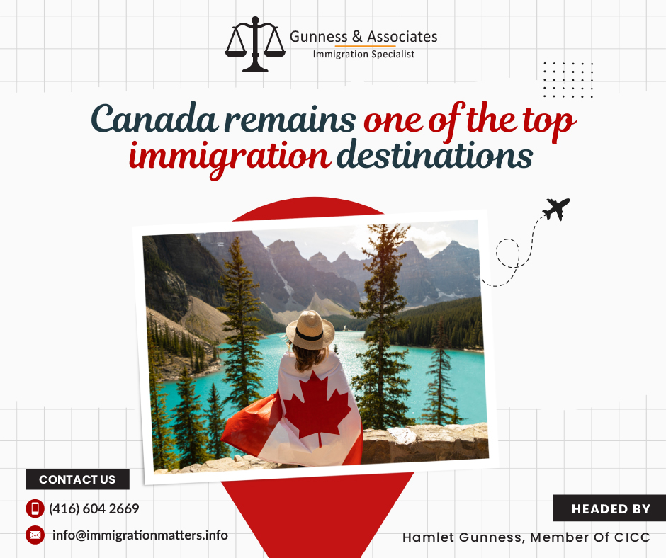 Canada remains one of the top immigration destinations  In February 2023, the Century Initiative released findings revealing that Canada has a distinct advantage regarding immigrant attraction due to its strong public acceptance of immigration policies. The national, non-partisan charity urges for the economic and societal benefits of increasing Canada's population to one hundred million by 2100.  The new report states that Canada has an advantage over other countries because its citizens embrace immigrants more than ever. Ever since the late 1990s, Canadian support for immigration has drastically increased alongside a surge in people feeling that multiculturalism is one of Canada's most defining features - 64% of Canadians agree. The Environics Institute, a research group that collects public opinion in Canada on the issues that influence the country, recently conducted a Focus Canada study, which is referenced in the Century Initiative report. The conclusion of the study, seven out of 10 Canadians supported the country's current immigration policies.  When the Environics Institute began keeping track 45 years ago, this was the highest level of support. According to the study, Canadians are conscious of how important immigration is to boost the country's economy and population. According to the report, one of the methods is that almost a quarter of all Canadians are immigrants. According to the 2021 census, 1.3 million new permanent residents arrived in Canada between 2016 and 2021, and according to Statistics Canada, this figure may reach 34% by 2041. One of the main factors in Canada’s ability to attract immigrants is, what the report describes as,  Canada’s “International Brand.” Canada is regarded as a nation that offers an excellent quality of life in terms of healthcare, education, housing, safety, and tolerance on a worldwide scale. This indicates that Canada is in a good position to attract and retain immigrants. The future of immigration in Canada Long-term success for Canada depends on immigration. Canada needs an efficient, user-friendly, and adaptable immigration system in order to fully realize the benefits of immigration and offer immigrants the best possible experience. Immigration, Refugees and Citizenship Canada (IRCC) have consistently taken steps to limit application backlogs and develop a better immigration system as part of ongoing work to improve client service. To boost processing capacity and efficiency while protecting Canadians' safety and security, this includes digital applications, employing and training new people, and using automation technology. In Canada, immigration is the primary driver of population growth. More than a quarter (23%) of the population, or more than 8.3 million people, were or had ever been landed immigrants or permanent residents in Canada in 2021. The highest among the G7 economies, this proportion was the highest since Confederation. Want to know more details about “Canada remains one of the top immigration destinations” you can contact one of our immigration specialists at  Gunness & Associates. Tel: (416) 604-2669  Email: info@immigrationmatters.info Gunness & Associates has helped thousands of people successfully immigrate to Canada with their families. Our skilled and experienced immigration experts have the expertise to accurately examine your case and advise you on the best method of proceeding to best serve your needs. For honest and straightforward advice, contact the experts at Gunness & Associates. Get a free Assessment  Join our newsletter and get up-to-date immigration news Click here All rights reserved ©2022 Gunness & Associate
