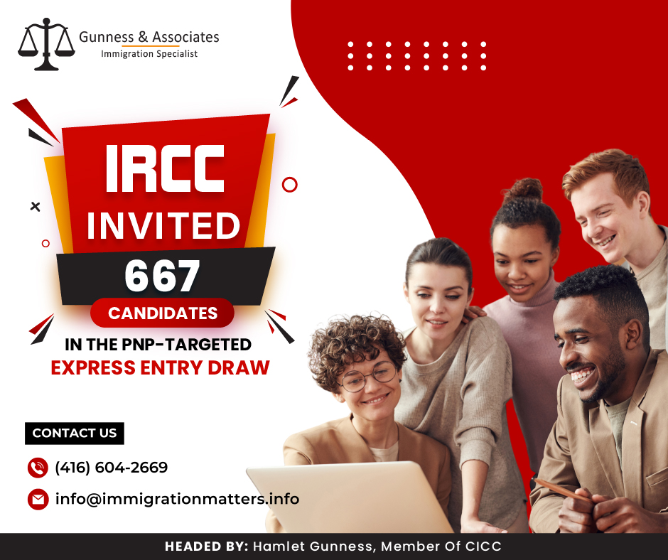 IRCC invited 667 candidates in the PNP-targeted Express Entry draw on March 1, 2023, Immigration, Refugees and Citizenship Canada (IRCC) issued 667 Invitations to Apply (ITA) to candidates under the Provincial Nominee Program (PNP) in the third PNP-targeted draw of the year.  In round #242, the cut-off score was 748 points, 43 points fewer than in the previous PNP-targeted Express Entry draw.  The tie-breaking rule for this round was December 12, 2022, at 10:48:12 UTC.  As of March 1, 2023, there were 243,374 profiles registered in the Express Entry pool, 3,110 more than the previous update.  In 2023, Canada issued 16,559 invitations in six Express Entry draws. As of March 1, 2023, the PNP-targeted Express Entry draw candidates' CRS score distribution The following table shows the full CRS score distribution of all candidates in the Express Entry pool as of March 1, 2023 CRS score Range Number of Candidates 601-1200 606 501-600 2,129 451-500 65,187 491-500 1,756 481-490 12,126 471-480 20,813 461-470 17,042 451-460 13,450 401-450 61,086 441-450 12,679 431-440 13,300 421-430 10,680 411-420 11,785 401-410 12,642 351-400 71,529 301-350 37,131 0-300 5,706 Total 243,374 Express Entry Processing Times as of February 28  Express Entry processing times for all three categories have increased as of February 28. See the list below for more information. Canadian Experience Class – 16 months Federal Skilled Worker Program – 31 months Federal Skilled Trades Program – 70 months Provincial Nominee Program (PNP) via Express Entry – 11 month Also Read: CANADA HELD A NEW PNP DRAW UNDER THE EXPRESS ENTRY SYSTEM EXPRESS ENTRY DRAW FOR THE FEDERAL SKILLED WORKER PROGRAM CANADA HELD THE FIRST PNP-TARGETED EXPRESS ENTRY DRAW OF 2023 IRCC PROPOSED NEW EXPRESS ENTRY CATEGORIES What Is Express Entry and How Can I Apply? Express Entry is a system used by the Canadian government to manage applications for Canadian permanent residence. The CRS, a point-based system, utilizes Express Entry to assess candidate profiles. Three major programs are managed by Express Entry: Federal Skilled Worker Program (FSW); Federal Skilled Trades Program (FST); and Canadian Experience Class (CEC) To apply for Express Entry, you have to submit your profile with the required documents, Documents usually consist of language test results, Education credentials, and Passport, or travel Documents. If you are willing to submit your profile in Express Entry and want to gain a good CRS score We can help you in the whole steps. Want to know more details about “IRCC invited 667 candidates in the PNP-targeted Express Entry draw” you can contact one of our immigration specialists at  Gunness & Associates. Tel: (416) 604-2669  Email: info@immigrationmatters.info Gunness & Associates has helped thousands of people successfully immigrate to Canada with their families. Our skilled and experienced immigration experts have the expertise to accurately examine your case and advise you on the best method of proceeding to best serve your needs. For honest and straightforward advice, contact the experts at Gunness & Associates. Get a free Assessment  Join our newsletter and get up-to-date immigration news Click here All rights reserved ©2022 Gunness & Associate