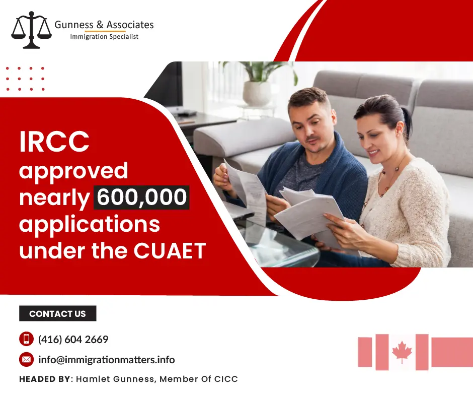 IRCC approved nearly 600,000 applications under the CUAET as of March 21, 2023, Immigration, Refugees and Citizenship Canada (IRCC) updated the number of Ukrainian newcomers arriving in Canada under the Canada-Ukraine authorization for emergency travel (CUAET). According to the latest update, between January 1, 2022, and March 19, 2023, 25,518 Ukrainians arrived in Canada by land, and 165,452 Ukrainians reached by air. Between March 17, 2022, and March 16, 2023, IRCC received 943,730 applications under the CUAET. In total, IRCC has approved 616,429 applications from Ukrainian nationals.943,730 Ukrainians submitted CUAET applications as of March 16 of this year, and 616,429 had been approved. Only 190,970, however, have made it to Canada. CUAET is primarily a visiting visa, Ukrainians may simultaneously and for no fee submit an application for an open work permit.  Participants with an open work permit may work for any Canadian employer.Minister of Immigration, Refugees, and Citizenship, the Honorable Sean Fraser, announced: That the Canada-Ukraine Authorization for Emergency Travel will be extended by the Canadian government (CUAET), which means:Ukrainians and their family members can submit a free CUAET visa application overseas until July 15, 2023;
Travel to Canada under the special measures will be allowed up to March 31, 2024, for individuals with a CUAET visa; 
Holders of CUAETs who are already in Canada will have until March 31, 2024, at no fee, to extend or adjust their temporary status.Who can apply for CUAET? Ukrainian nationals, as well as their family members, such as their spouse, common-law partner, children, and children of their children, as well as children of a dependent child of a Ukrainian nation, can apply for CUAET.Also, Read the;Benefits and features of the CUAET Want to know more details about “IRCC approved nearly 600,000 applications under the CUAET as of March 21” you can contact one of our immigration specialists at  Gunness & Associates.Tel: (416) 604-2669 Email: info@immigrationmatters.infoGunness & Associates has helped thousands of people successfully immigrate to Canada with their families. Our skilled and experienced immigration experts have the expertise to accurately examine your case and advise you on the best method of proceeding to best serve your needs.For honest and straightforward advice, contact the expertsat Gunness & Associates.Get a free Assessment Join our newsletter and get up-to-date immigration news Click hereAll rights reserved ©2022 Gunness & Associate