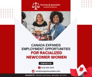 Canada expands employment opportunities for racialized newcomer women pilot on March 15, 2023, Immigration, Refugees and Citizenship Canada (IRCC) announced support and services to help racialized newcomer women find jobs in Canada. The Government of Canada has allocated $1.1 million to the YWCA of Metro Vancouver to support the Tech Connect program for newcomer women under the Racialized Newcomer Women Pilot. The Racialized Newcomer Women Pilot was formed with work placements, mentorship opportunities, and gender-specific employment counseling services to support the career progression and workplace access of racialized newcomer women. By allocating funding to projects such as Tech Connect, Canada's government reveals its dedication to boosting a successful transition for racialized female immigrants.Internationally trained professionals with IT backgrounds who are racialized newcomer women in the Greater Vancouver Area are helped by Tech Connect in their preparations. It allows them access to professional networks and training that will help them to understand the unique workplace culture in Canada's IT industry and find jobs more quickly and easily that match their qualifications, training, and experience. Through work placements, mentorship, and women-only employment counseling, the Racialized Newcomer Women Pilot was created to enhance racialized newcomer women's access to the labor market and advancement. Providing funding to programs like Tech Connect proves that the Canadian government is still dedicated to helping racialized newcomer women advance in their careers and find meaningful work in Canada.The Racialized Newcomer Women Pilot provided funding for a number of settlement programs, including the YWCA of Metro Vancouver. The Canadian government is expected to announce funding for numerous organizations across the country in the upcoming months.Marie-France Lalonde, Parliamentary Secretary to the Minister of Immigration, Refugees and Citizenship stated: "Getting into the workforce creates big challenges for racialized newcomer women. We are working to eliminate these challenges so that all immigrants can find employment that is a good fit for their skills and experience. Programs like Tech Connect are making an important contribution to the combat of racial and gender discrimination by giving opportunities for women to achieve great things. I'm honored that the Canadian government can cooperate with us on this initiative.Erin Seeley, Chief Executive Officer, of YWCA Metro Vancouver stated:We are delighted that Immigration, Refugees and Citizenship Canada has extended the YWCA Tech Connect employment program for an additional two years. With the help of this grant, our program will be able to help more recent immigrants seeking work in the tech industry. We appreciate the Canadian government's recognition of this innovative and impactful program.Racialized Newcomer Women Pilot Through work placements, mentorship, and women-only employment counseling, the Racialized Newcomer Women Pilot was developed to improve racialized newcomer women's access to the labor market and advancement. The Pilot provides support to organizations that implement programs that seek to eliminate barriers that racialized newcomer women face, such as discrimination on the basis of race and gender, insecure employment, and a lack of affordable childcare.Want to know more details about “Canada expands employment opportunities for racialized newcomer women” you can contact one of our immigration specialists at  Gunness & Associates.Tel: (416) 604-2669 Email: info@immigrationmatters.infoGunness & Associates has helped thousands of people successfully immigrate to Canada with their families. Our skilled and experienced immigration experts have the expertise to accurately examine your case and advise you on the best method of proceeding to best serve your needs.For honest and straightforward advice, contact the expertsat Gunness & Associates.Get a free Assessment Join our newsletter and get up-to-date immigration news Click hereAll rights reserved ©2022 Gunness & Associate