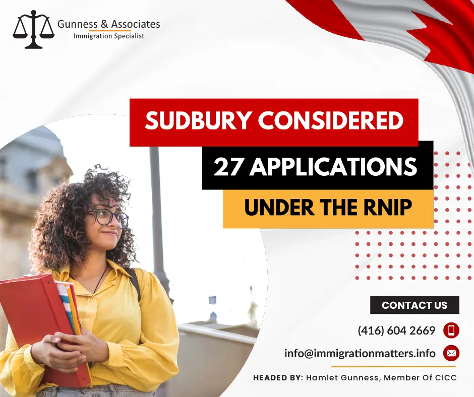 Sudbury considered 27 applications under the RNIP on March 29, 2023, the City of Greater Sudbury held a new round of invitations for the Rural and Northern Immigration Pilot (RNIP). In this round, Sudbury considered 27 candidates. The lowest score of these draws was 270 points, 25 points more than in the previous draw. Five of these candidates were drawn through the Francophone Stream. Last year, in total, 154 applicants were invited. Sudbury has recommended at least 276 individuals under the RNIP since the program's launch. So far, the city has considered 76 candidates in 2023.Rural and Northern Immigration Pilot (RNIP)The Rural and Northern Immigration Pilot is a program driven by the local community. By offering a path to permanent residency for highly skilled foreign workers who want to settle and work in one of the participating communities, it aims to expand the advantages of economic immigration to smaller communities.The Canadian government works with small, remote communities in Ontario, Western Canada, and the three territories to attract and keep foreign workers through the Rural and Northern Immigration Pilot (RNIP).Communities in RNIP This pilot is community-driven, which means the communities will assess potential candidates and recommend those who best meet their economic needs, have a genuine employment opportunity that satisfies their community requirements, and aim to remain in the community to IRCC for a final decision.North Bay, ONSudbury, ONTimmins, ONSault Ste. Marie, ONThunder Bay, ONBrandon, MBAltona/Rhineland, MBMoose Jaw, SKClaresholm, ABVernon, BCWest Kootenay (Trail, Castlegar, Rossland, Nelson), BCAlso, Read:SUDBURY CONSIDERED 24 APPLICATIONS UNDER THE RNIPWant to know more details about “Sudbury considered 27 applications under the RNIP” you can contact one of our immigration specialists at Gunness & Associates.Tel: (416) 604-2669 Email: info@immigrationmatters.infoGunness & Associates has helped thousands of people successfully immigrate to Canada with their families. Our skilled and experienced immigration experts have the expertise to accurately examine your case and advise you on the best method of proceeding to best serve your needs.For honest and straightforward advice, contact the expertsat Gunness & Associates.Get a free Assessment Join our newsletter and get up-to-date immigration news Click hereAll rights reserved ©2023 Gunness & Associate