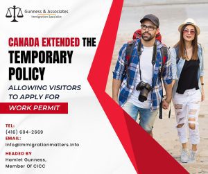 Canada extended the temporary policy allowing visitors to apply for work permits on February 28, 2023, the Government of Canada extended the temporary policy allowing visitors to Canada to apply for a work permit. Having a valid job offer, foreign nationals who are in Canada as visitors can apply for a work permit without leaving the country. Visitors with a work permit within the last 12 months can also apply for an interim work authorization to continue working in Canada. This temporary public policy has been extended by an additional two years and will remain in effect until February 28, 2025.Eligibility Requirements for the temporary policy for Visitors in Canada Eligibility requirements for visitors to apply for an employer-specific work permit are:have a valid visitor status in Canada at the time of submitting the application;
intend to work for the employer and occupation specified by the LMIA or LMIA-exempt offer of employment included in their work permit application submitted under the public policy;
submit an application for an employer-specific work permit before February 28, 2025;
has remained status since submitting their application and intends to maintain it for the duration of the time that their work permit application is being processed in Canada.A former holder of a work permit who converted to visitor status may also be eligible for temporary work authorization if they meet the following requirements in addition to meeting the requirements for the work permit:have maintained a valid temporary resident status in Canada at the time of submitting their work permit application;
held a valid work permit for the 12 months prior to the date on which they submitted their application for a work permit under this public policy, even though they are only visiting at the time;
intend to apply for a work permit under the public policy and to work for the employer and in the occupation specified in the LMIA or LMIA-exempt offer of employment;
have used the IRCC Web form to apply to IRCC for the interim authorization to work in accordance with this public policy; and
have requested that the authorization to work be applicable while their application for a work permit is being processed.Objectives of the Temporary Policy This temporary policy willallow eligible foreign individuals who hold valid temporary resident status as visitors to apply from inside Canada for a work permit that is supported by a job offer
exempt eligible foreign nationals from the requirement that a work visa won't be granted if they don't meet certain temporary residence criteria.
While a decision on their work permit application is pending, allow eligible former temporary foreign workers to work.Open Job positions in CanadaCanada is facing a severe labor shortage even as the economy is expanding. By continuing this policy, foreign nationals who are in Canada on a visitor visa can work there without having to leave.This helps newcomers who might want to work and eventually move to Canada, as well as employers who have open positions.The most recent report on job openings from Statistics Canada reveals that there are currently more than 800,000 open positions in the country. The sectors with the highest vacancy rates include those supplying accommodation and food as well as healthcare.Want to know more details about “Canada extended the temporary policy allowing visitors to apply for work permits” you can contact one of our immigration specialists at  Gunness & Associates.Tel: (416) 604-2669 Email: info@immigrationmatters.infoGunness & Associates has helped thousands of people successfully immigrate to Canada with their families. Our skilled and experienced immigration experts have the expertise to accurately examine your case and advise you on the best method of proceeding to best serve your needs.For honest and straightforward advice, contact the expertsat Gunness & Associates.Get a free Assessment Join our newsletter and get up-to-date immigration news Click hereAll rights reserved ©2022 Gunness & Associate