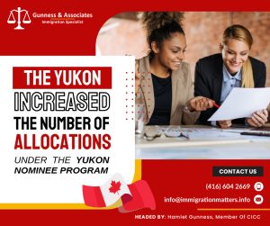 On March 16, 2023, the Government of Yukon announced that the territory increased the number of allocations under the Provincial Nominee Program (YNP) for 2023, allowing more foreign workers to immigrate to the Yukon. By increasing the Yukon's nominee allocations from 300 to 430 for 2023, the YNP assists employers in filling essential positions with foreign nationals who wish to become permanent residents of the territory. For the second time since its launch in 2007, the Yukon Nominee Program reached its full capacity of 300 spaces by 2022 and aims to accept even more immigrants this year.The Yukon government is committed to assisting employers throughout the territory with their labor demands. Economic immigration is a vital strategy for attracting workers and developing a workforce that supports investment and economic growth while meeting the demands of Yukon businesses.  Premier and Minister of Economic Development Ranj Pillai stated: ‘The Yukon's nominee allocation has increased in a welcome way as a result of productive conversations with our federal partners regarding the feedback we got from the business community.  With this increase, we will be able to support our business even more and encourage more prospective Canadians to settle down in the Yukon.”Yukon Nominee Program Applications for nomination candidates from within and outside of Canada are considered by the Yukon Nomination Program. You have to meet the requirements of your application stream in addition to having a full-time, year-round job offer from an eligible Yukon employer in order to be eligible for the Yukon Nominee Program.The Yukon Nominee Program has the following streams:Critical Impact Worker;
Skilled Worker;
Express Entry; and
Yukon Community Program (includes a Critical Impact Worker and Skilled Worker stream).Want to know more details about “The Yukon increased the number of allocations under the Yukon Nominee Program” you can contact one of our immigration specialists at  Gunness & Associates.Tel: (416) 604-2669 Email: info@immigrationmatters.infoGunness & Associates has helped thousands of people successfully immigrate to Canada with their families. Our skilled and experienced immigration experts have the expertise to accurately examine your case and advise you on the best method of proceeding to best serve your needs.For honest and straightforward advice, contact the expertsat Gunness & Associates.Get a free Assessment Join our newsletter and get up-to-date immigration news Click hereAll rights reserved ©2022 Gunness & Associate