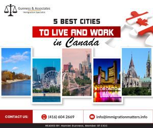 5 best Cities to live and work in Canada, For foreign immigrants seeking an excellent standard of living, a high-quality life, and the best job opportunities, Canada came in #1. Canada has top-notch education, the greatest healthcare, beautiful landscapes, and fascinating career opportunities. Finding your dream job is made simpler once you are in Canada. Canada has a massive land area and several large provinces. Every region includes a number of small and large cities, leaving it hard to determine which is the greatest place to live and work in Canada. For immigrants wishing to start a new life, every city in Canada offers excellent exposure.  Best Cities to Live and Work in Canada If you're thinking about moving to Canada, you should take into consideration the 5 greatest cities listed below,  as they provide excellent opportunities for new immigrants to live and work in Canada.Edmonton
Toronto
Ottawa
Calgary
OakvilleEdmontonEdmonton, the capital of the Alberta province, is situated on the North Saskatchewan River and presents highly rewarding employment options to those who are motivated. Edmonton offers a number of exciting festivals throughout the year and has fascinating outdoor locations. For post-secondary education, Edmonton has a number of recognized universities and colleges to choose from. Compared to other larger Canadian cities, Edmonton has a significantly lower cost of living.There are many job possibilities for both locals and immigrants in the developing industries of transportation, logistics, manufacturing, tourism, petrochemical, and technology.Edmonton attracts immigrants for a variety of reasons, including its high level of living, outstanding educational institutions, affordable housing, and numerous employment possibilities.Toronto Toronto is the place for you if you are a professional looking for a job and like to travel. The demand for a wide range of in-demand professions like school teachers, registered nurses, transportation drivers, and many more is high in Toronto. Toronto's housing is not inexpensive, but it is accessible to important companies, has a thriving nightlife, and is home to a wide variety of cultures. Additionally, three important universities are accessible on foot from downtown.Like many other Canadian cities, Toronto has a varied population. With about half of the population being non-Canadian, it is one of the most multicultural cities in Canada. Therefore, if you want to move to Toronto, you will probably find a feeling of community and comfort there.OttawaThe cosmopolitan capital of Canada, Ottawa, may be grateful for numerous things, including the high standard of education it offers its citizens, which ranks it as one of the greatest places to live in the country. The city is home to an extensive range of businesses, including those in the biological sciences, aerospace, clean technology, digital media, and other software-related sectors.The city also ranks 80th worldwide in terms of GDP (gross domestic product) per capita. Additionally, Ottawa generates a sizable number of jobs each year that are appealing to educated foreigners.Calgary Calgary, Canada, is ranked as the 47th most livable city in the world with a 5% unemployment rate. Popular with visitors is Rocky Mountains Banff National Park. For people looking for a calm area to live in in Canada, Calgary is the perfect choice due to its near proximity to nature and its resources. The largest city in the province of Alberta is Calgary, which has a 1.5 million population growth.While the oil and gas industries help Calgary's economy, other sectors including technology, healthcare, aerospace, and finance also make Calgary a popular place to look for job possibilities.  Oakville Oakville is the ideal location if you want to live in a peaceful environment while still being close to the excitement of the city. It is a beautiful suburban area in the Canadian province of Ontario. Residents of Oakville can easily enjoy nature's beauties due to the city's location on Lake Ontario.The city of Oakville offers the finest of both worlds. You can take a walk in the woods, explore Toronto, which is only 30 minutes away by car, or spend a thrilling afternoon at Niagara Falls, which is only an hour away.Must Read:  CANADA WILL REQUIRE 30,000 IMMIGRANTS TO REPLACE RETIRING FARMERS We can help you if you are thinking to live and work in Canada in any of the provinces or territories of CanadaWant to know more details about the “5 Best Cities to Live and Work in Canada” you can contact one of our immigration specialists at  Gunness & Associates.Tel: (416) 604-2669 Email: info@immigrationmatters.infoGunness & Associates has helped thousands of people successfully immigrate to Canada with their families. Our skilled and experienced immigration experts have the expertise to accurately examine your case and advise you on the best method of proceeding to best serve your needs.For honest and straightforward advice, contact the expertsat Gunness & Associates.Get a free Assessment Join our newsletter and get up-to-date immigration news Click hereAll rights reserved ©2023 Gunness & Associates