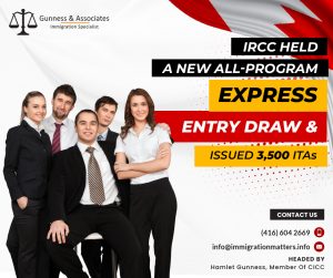 On April 12, 2023, Immigration, Refugees and Citizenship Canada (IRCC) issued 3,500 Invitations to Apply (ITA) to candidates under the latest all-program Express Entry draw. In this draw, IRCC continued inviting candidates under all immigration programs. In round #246, the cut-off score was 486 points, five points more than in the previous all-program draw. The tie-breaking rule for this round was July 19, 2022, at 11:05:24 UTC. As of April 12, 2023, there are 231,119 profiles registered in the Express Entry pool, 3,828 fewer than the previous update. In 2023, Canada issued 41,059 ITAs through ten Express Entry draws.Summary of the latest all-program Express Entry draw All-program Express Entry draw means that candidates from all three Express Entry economic immigration programs were taken into consideration:Canadian Experience Class 
Federal Skilled Worker Program 
Federal Skilled Trades ProgramCandidates’ CRS score distribution as of all-program Express Entry draw on April 12, 2023:CRS score rangeNumber of profiles registered601-1200501501-6001,180451-50056,092491-5001,284481-4902,871471-48021,344461-47017,139451-46013,454401-45061,379441-45012,772431–44013,228421-43010,766411-42011,864401-41012,749351-40069,975301-35036,4190-3005,573Total231,119The figures in the table above indicate the total number of people in the pool a few days before the selection round. As new profiles are submitted by people and older profiles expire, the distribution of scores can alter.How can you increase your CRS Score for Express Entry?Can you achieve a CRS score of 490 or higher for Express Entry?  how those the Express Entry works, the CRS (Comprehensive Ranking System) score is a points-based system that the Canadian government uses to rank Express Entry Applicants based on factors such as:Age
Education
Language Ability
Work Experience, and
AdaptabilityWant to know more details about ”IRCC held the latest all-program Express Entry draw and issued 3,500 ITAs” you can contact one of our immigration specialists at  Gunness & Associates.Overview of Express Entry Express Entry is the system used by Immigration, Refugees and Citizenship Canada (IRCC) to manage the intake of applications for economic immigration submitted on or after January 1, 2015, for the following classes:Federal skilled worker class (FSWC);
Federal skilled trades class (FSTC);
Canadian experience class (CEC); and
a portion of the provincial nominee class (PNC).Tel: (416) 604-2669 Email: info@immigrationmatters.infoGunness & Associates has helped thousands of people successfully immigrate to Canada with their families. Our skilled and experienced immigration experts have the expertise to accurately examine your case and advise you on the best method of proceeding to best serve your needs.For honest and straightforward advice, contact the expertsat Gunness & Associates.Get a free Assessment Join our newsletter and get up-to-date immigration news Click hereAll rights reserved ©2023 Gunness & Associate