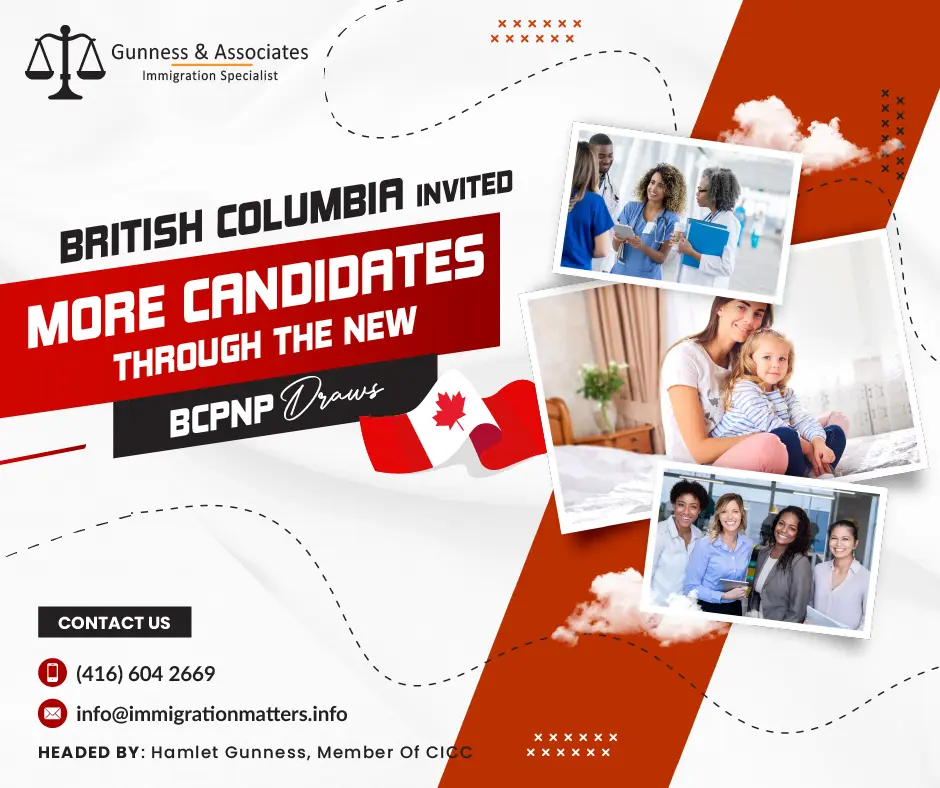 On April 18, 2023, the Government of British Columbia issued new invitations under the British Columbia PNP and invited qualified Skills and Immigration candidates. In the general draw, the province invited 158 candidates. The minimum score for candidates invited to this draw was 85-107 points. The province issued 29 ITAs to candidates under the childcare-targeted draw for early childhood educators (NOC 42202). In the Healthcare-targeted draw, BC invited 16 candidates who scored 60 points. In addition, the province invited fewer than five candidates working in other priority occupations. In total, the province issued up to 208 ITAs in this draw. This year, British Columbia has already invited 3,536 candidates.Overview of the British Columbia PNP Draws of April, 18British Columbia is one of the most active provincial immigration programs in Canada the overview of the BC PNP draw on April 18, 2023, is given in the table below:Number of InvitationsStreamMinimumScoreDescription158Skilled Worker104General draw(includes tech occupations)–Skilled Worker - EEBC option104––International Graduate107––International Graduate - EEBC option107––Entry Level and Semi-Skilled85–29Skilled Worker, International Graduate (includes EEBC option)60Targeted draw: Childcare: Early childhood educators and assistants (NOC 42202)16Skilled Worker, International Graduate (includes EEBC option)60Targeted draw: Healthcare<5>Skilled Worker, International Graduate (includes EEBC option)60Targeted draw:Other priority occupations (NOCs 31103, 32104)Also, read the latest Canadian immigration news;THE RURAL AND NORTHERN IMMIGRATION PILOT MAY BECOME PERMANENTOTTAWA WILL SPEND $ 1 BILLION ON ASYLUM SEEKERS AND REFUGEES IN 2023Want to know more details about “British Columbia invited more candidates through the British Columbia PNP draws” you can contact one of our immigration specialists at  Gunness & Associates.Tel: (416) 604-2669 Email: info@immigrationmatters.infoGunness & Associates has helped thousands of people successfully immigrate to Canada with their families. Our skilled and experienced immigration experts have the expertise to accurately examine your case and advise you on the best method of proceeding to best serve your needs.For honest and straightforward advice, contact the expertsat Gunness & Associates.Get a free Assessment Join our newsletter and get up-to-date immigration news Click hereAll rights reserved ©2023 Gunness & Associate