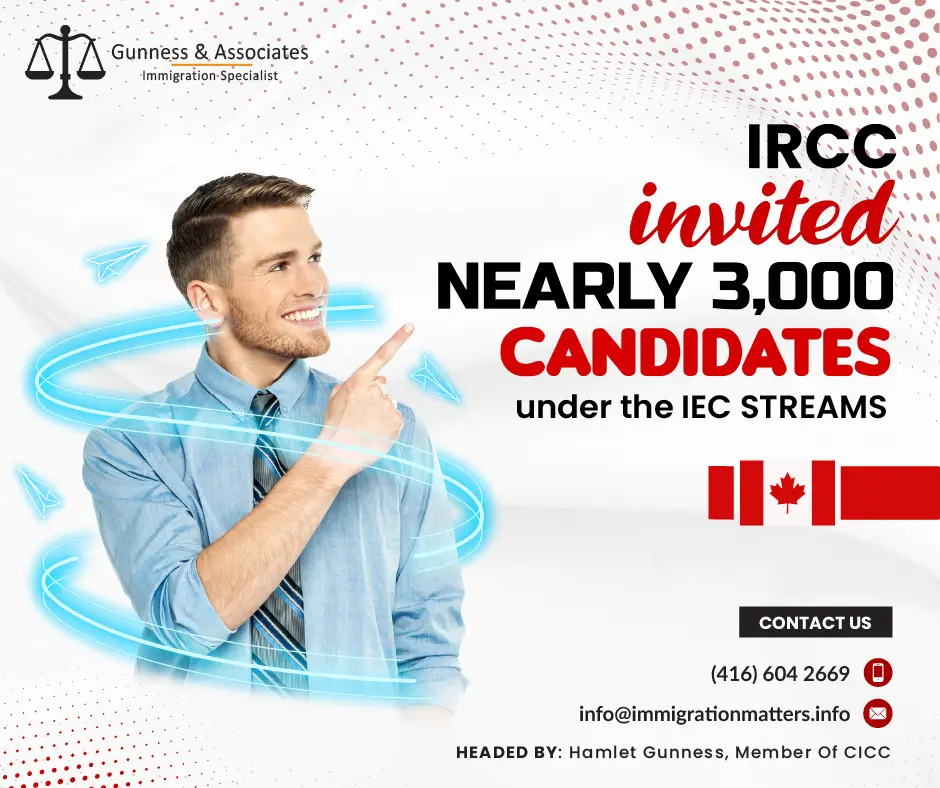 Over the last week, Immigration, Refugees and Citizenship Canada (IRCC) held new draws in the pools of International Experience Canada (IEC streams). From April 7 to April 14, Canada invited 2,963 young foreigners to apply for an IEC open work permit. As of April 14, there were 17,270 candidates registered in the pool, waiting for the invitation. There are details of a number of ITAs countrywide invited to apply for an IEC open work permit In 2023:No of ITAsCountry NameNo of ITAsCountry Name10 Switzerland228 Australia2 Andorra40 Belgium15 Chile140 Costa Rica5 Croatia26 Czech Republic5 Denmark3 Estonia178 France11 Greece3 Hong Kong196 Ireland59 Italy229 Japan555 Korea11 Poland196 Germany345 United Kingdom8 Lithuania2 Luxembourg11 Netherlands72 New Zealand4 Norway477 Taiwan34 Portugal21 Sweden20 Slovakia1 Slovenia54 Spain26 PolandIn 2023, Canada issued 77,198 ITAs under the IEC Program.IEC open work permitYouths can travel and work in Canada for up to two years through International Experience Canada (IEC).  Three different work and travel opportunities are available under IEC. Such as, Working Holiday
Young Professionals
International Co-op InternshipWorking Holiday Fall in this category if:You want to work for more than one Canadian business but do not yet have a job offer.
You want to work in multiple places.
You want to work in multiple places.
you’d like to earn some money so that you can travelAn open work permit is the kind of work permits you gain for a working holiday. You can now work for almost any company in Canada due to this.Also, Read,IRCC ISSUED 1,002 INVITATIONS UNDER THE IEC ON March 29, 2023CANADA INVITED 1,555 YOUNG FOREIGNERS TO APPLY FOR AN IEC OPEN WORK PERMIT Want to know more details about “Canada invited nearly 3,000 candidates under the IEC streams” you can contact one of our immigration specialists at  Gunness & Associates.Tel: (416) 604-2669 Email: info@immigrationmatters.infoGunness & Associates has helped thousands of people successfully immigrate to Canada with their families. Our skilled and experienced immigration experts have the expertise to accurately examine your case and advise you on the best method of proceeding to best serve your needs.For honest and straightforward advice, contact the expertsat Gunness & Associates.Get a free Assessment Join our newsletter and get up-to-date immigration news Click hereAll rights reserved ©2023 Gunness & Associate