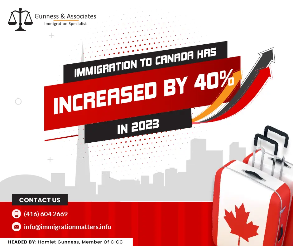 According to the Immigration, Refugees and Citizenship Canada (IRCC) data, immigration to Canada increased by nearly 40% in the first two months of 2023 compared to the same period last year. Canada admitted 100,430 new permanent residents in January and February 2023 – a dramatic increase from 72,815 permanent residents accepted in the first two months of 2022. This increase shows that if this trend continues throughout the rest of 2023, it will be a record year for immigration to Canada.If immigration at that rate continued for the rest of 2023, Canada would welcome 602,580 new permanent residents this year, significantly over Ottawa's target of 465,000 new permanent residents.According to Ottawa's 2023-2025 Immigration Levels Plan, 485,000 new permanent residents will come to Canada in 2024 and another 500,000 in 2025. 2023-2025 Immigration Levels Plan The recently released Immigration Levels Plan for 2023–2025 shows that the Canadian government is increasing its immigration goals once again. Canada aims to accept 500,000 new permanent residents in a single year by the year 2025.  According to the suggestion, presented by Minister of Immigration Sean Fraser on November 1, 2022, Canada hopes to accept 1.45 million new permanent residents over a period of three years, representing all immigration categories.Immigration Levels plans 2023-2025 are welcoming immigrants via immigration programs, Economic programs include: Federal High Skilled
Federal Economic Public Policies
Federal Business
Caregivers
Agri-Food Pilot
Rural and Northern Immigration Pilot
Economic Mobility Pathways Project
Atlantic Immigration Program
Provincial Nominee Program
Quebec Skilled Workers and BusinessTotal Economic Target: 266,210Family Programs Immigration programs include: Spouses, Partners, and Children
Parents and GrandparentsIn Family Program Tarteg: 106,500Refugees and Protected Persons Programs include: Protected Persons in Canada and Dependents Abroad
Resettled Refugees - Government-Assisted
Resettled Refugees - Privately Sponsored
Resettled Refugees - Blended Visa Office-ReferredTotal Refugees and Protected Persons Target: 76,305Total Humanitarian & Compassionate and Other Target: 15,985The targets for principal applicants, spouses, and dependents who land through Express Entry will increase to 82,880 in 2023, 109,020 in 2024, and 114,000 in 2025. Targets for the PNP will rise to 105,500 in 2023, 110,000 in 2024, and 117,500 in 2025. It will continue to be Canada's top program for admitting immigrants from economic classes immigrantsBy November 1 of each year, hypothetical targets and ranges will be confirmed or adjusted for 2024 and 2025.Want to know more details about ”Immigration to Canada has increased by 40% in 2023" you can contact one of our immigration specialists at  Gunness & Associates.Tel: (416) 604-2669 Email: info@immigrationmatters.infoGunness & Associates has helped thousands of people successfully immigrate to Canada with their families. Our skilled and experienced immigration experts have the expertise to accurately examine your case and advise you on the best method of proceeding to best serve your needs.For honest and straightforward advice, contact the expertsat Gunness & Associates.Get a free Assessment Join our newsletter and get up-to-date immigration news Click hereAll rights reserved ©2023 Gunness & Associate