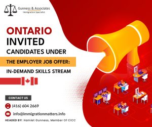 On April 11, 2023, the Government of Ontario held a new draw in the Employer Job Offer In-Demand Skills Stream (EJO IDS) of the Ontario Immigrant Nominee Program (OINP). The province issued 295 invitations to apply (ITAs) to the eligible candidates through the EJO IDS stream, with a minimum score of 30. Candidates, who created their profiles between November 22, 2022, and April 11, 2023, were considered by OINP in this draw. In total, OINP issued invitations to 11,877 candidates in 2023.The Ontario Immigrant Nominee Program's (OINP) Employer Job Offer:   the In-Demand Skills stream Periodically throughout the year, holds draws. Depending on the needs of the program and the number of applications in the system, the frequency of the draws can vary.Employer Job Offer: In-Demand Skills StreamEmployer Job Offer: In-Demand Skills allow foreign workers with a job offer the chance to apply to live and work permanently in Ontario. Examples of such occupations include agriculture, construction, and other specialized occupations. Workers from outside and inside Canada are qualified for this stream.Before you can apply online to be nominated by the Ontario government for permanent residence, you must first register in the OINP's Expression of Interest System and receive an invitation to apply.Also, Read the; ONTARIO ISSUED 889 INVITATIONS UNDER THE THREE OINP STREAMSONTARIO PUBLISHED THE OINP 2023 NOMINATION ALLOCATIONWant to know more details about “Ontario invited candidates under the Employer Job Offer: In-Demand Skills Stream" you can contact one of our immigration specialists at  Gunness & Associates.Tel: (416) 604-2669 Email: info@immigrationmatters.infoGunness & Associates has helped thousands of people successfully immigrate to Canada with their families. Our skilled and experienced immigration experts have the expertise to accurately examine your case and advise you on the best method of proceeding to best serve your needs.For honest and straightforward advice, contact the expertsat Gunness & Associates.Get a free Assessment Join our newsletter and get up-to-date immigration news Click hereAll rights reserved ©2023 Gunness & Associate