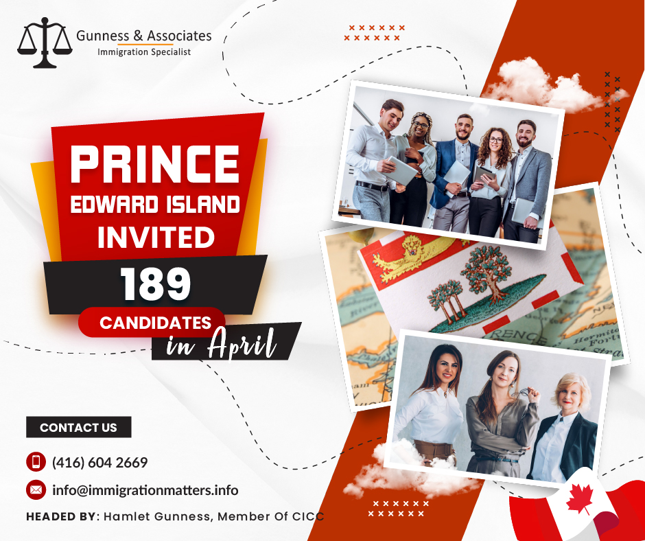 On April 20, 2023, Prince Edward Island conducted a new invitation round in the Prince Edward Island PNP draw (PEI PNP). In the sixth round of this year, the province issued 180 invitations to apply to skilled workers in the Labour Impact and Express Entry streams. PEI also invited nine candidates to the Business Work Permit Entrepreneurs stream. The lowest score for business candidates was 72 points, 20 points more than in the March draw. This year, PEI invited 943 candidates. According to the schedule, the next PEI PNP draw will occur on May 4, 2023.2023 Prince Edward Island PNP Draws results Details for the Prince Edward Island PNP draws so far held in 2023 till April, 20 are given in the table below:DateBusiness Work Permit / Entrepreneurs invitationsLabour & Express Entry InvitationsTotal InvitationsApr 20, 20239180189Mar 30, 2023-113113Mar 16, 20236138144Mar 2, 2023-4646Feb 16, 20236222228Jan 19, 20237216223Total28915943Prince Edward Island PNP The Prince Edward Island Provincial Nominee Program (PEI PNP), a Provincial Nominee Program (PNP), is a collection of immigration pathways that aims to bring in immigrants with business savvy, skilled workers, and young graduates who have just finished post-secondary education.Through one of its several immigration streams, the PEI PNP offers potential immigrants the possibility to be nominated by their home province, potentially accelerating their journey to permanent residency in Canada. The province has three different categories for its immigration streams:PEI Express Entry
PEI Labour Impact
PEI Business ImpactWant to know more details about “Prince Edward Island invited 189 candidates in April” you can contact one of our immigration specialists at  Gunness & Associates.Tel: (416) 604-2669 Email: info@immigrationmatters.infoGunness & Associates has helped thousands of people successfully immigrate to Canada with their families. Our skilled and experienced immigration experts have the expertise to accurately examine your case and advise you on the best method of proceeding to best serve your needs.For honest and straightforward advice, contact the expertsat Gunness & Associates.Get a free Assessment Join our newsletter and get up-to-date immigration news Click hereAll rights reserved ©2023 Gunness & Associates