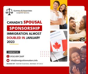 According to the latest data from Immigration, Refugees and Citizenship Canada (IRCC), in January 2023, Canada Spousal Sponsorship Immigration sponsorship led to almost twice as many individuals obtaining permanent residency in Canada compared to the same month last year. In January, Canada saw a significant increase of 90.1% in the number of new permanent residents (10,065) who arrived through spousal sponsorship immigration, compared to the same month in 2022 when only 5,295 newcomers were reunited with their loved ones through this program. This increase is also 126.9% higher than the same month in 2020The COVID-19 pandemic caused a significant decline in immigration levels in 2020, however, the number of spousal sponsorships in Canada is already almost identical to pre-pandemic levels. About the Canada Spousal Sponsorship A Canadian citizen or permanent resident can sponsor their spouse to immigrate to Canada and gain permanent residence. Canada is aware of the significance of intact families. Applications for spousal sponsorship are therefore given top priority. You may be able to sponsor your spouse, partner, or dependent children to immigrate to Canada as permanent residents if you’re eligible.You must be able to in order to:support them financially
make sure they don't require government social assistanceYour spouse, partner, or dependent child may be sponsored if:At least 18 years of age
You are a Canadian citizen, a permanent resident of Canada, or a person who has a Canadian Indian Act registration.
You can prove that you aren't receiving social assistance due to a disability.
You can meet the basic needs of any person you wish to sponsor.Want to know more details about “Canada Spousal Sponsorship Immigration almost doubled in January 2023" you can contact one of our immigration specialists at  Gunness & Associates.Tel: (416) 604-2669 Email: info@immigrationmatters.infoGunness & Associates has helped thousands of people successfully immigrate to Canada with their families. Our skilled and experienced immigration experts have the expertise to accurately examine your case and advise you on the best method of proceeding to best serve your needs.For honest and straightforward advice, contact the expertsat Gunness & Associates.Get a free Assessment Join our newsletter and get up-to-date immigration news Click hereAll rights reserved ©2023 Gunness & Associate