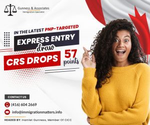 latest PNP-targeted Express Entry draw on May 10, 2023, Immigration, Refugees and Citizenship Canada (IRCC) issued 589 Invitations to Apply (ITA) to candidates under the Provincial Nominee Program (PNP) in the fourth PNP-targeted draw of the year. In round #248, the cut-off score was 691 points, 57 points fewer than in the previous PNP-targeted Express Entry draw. The tie-breaking rule for this round was March 8, 2023, at 16:42:17 UTC. As of May 10, 2023, there were 225,388 profiles registered in the Express Entry pool, 4,801 fewer than the previous update. In 2023, Canada issued 45,148 invitations in six Express Entry draws.CRS Score distribution in the latest PNP-targeted Express Entry draw of May 10, 2023 The new all-program invitation round follows the previous draw which was held on May 10, issued 589 Invitations to Apply (ITA) to candidatesCRS score rangeNumber of profiles registered601-1200535501-600992451-50055,439491-5001,094481-4903,050471-48021,189461-47016,740451-46013,366401-45059,827441-45012,443431–44012,921421-43010,578411-42011,527401-41012,358351-40067,883301-35035,2420-3005,470Total225,388Express Entry Proof Of Funds UpdatedImmigration, Refugees and Citizenship Canada (IRCC) have recently updated the Proof of Funds Requirements for Express Entry candidates. This change took effect on April 25, 2023. The minimum amount of needed funds is updated yearly and is based on 50% of the low-income cut-off totals. Ensuring that the settlement fund numbers in the Express Entry profile are current is essential to remain eligible. The new minimum amount of funds required are:for a single person applying for immigration is CAD 13,757
while for a family of four, it is CAD 25,564. Click here to read complete details for the Express Entry Proof of fundsHow can you increase your CRS Score for Express Entry?Can you achieve a CRS score of 490 or higher for Express Entry?  how those the Express Entry works, the CRS (Comprehensive Ranking System) score is a points-based system that the Canadian government uses to rank Express Entry Applicants based on factors such as:Age
Education
Language Ability
Work Experience, and
AdaptabilityExpress Entry Canada requirementsThe most popular way for foreign-trained professionals to permanently immigrate to Canada is via Canada Express Entry. It is a points-based system that awards points based on skills, professional experience, employment status, and province or territorial nomination. Your chances of receiving an Invitation to Apply (ITA) for Permanent Residency in Canada increase with your CRS score.  Different documents are required at different stages in the Express Entry application process such as:a passport or travel document
language test results
proof of Canadian education or an educational credential assessment report
provincial nomination (if you have one)
written job offer from an employer in Canada (if you have one), 
police certificates
medical exams
proof of relationship to a relative in Canada
digital photos to confirm your identity, and
any other documents that you feel are relevant to your applicationAlso, read the latest Canadian Immigration News;IRCC UPDATED CHANGES IN EXPRESS ENTRY PROOF OF FUNDS REQUIREMENTSIRCC ISSUED 3,500 ITAS IN THE NEW ALL-PROGRAM EXPRESS ENTRY DRAWIRCC ISSUED AN INCREASINGLY HIGH NUMBER OF ITAS IN THE FIRST QUARTER OF 2023IRCC ISSUED 3,500 ITAS IN THE NEW ALL-PROGRAM EXPRESS ENTRY DRAWWant to know more details about “In the latest PNP-targeted Express Entry draw CRS drops 57 points” you can contact one of our immigration specialists at  Gunness & Associates.Tel: (416) 604-2669 Email: info@immigrationmatters.infoGunness & Associates has helped thousands of people successfully immigrate to Canada with their families. Our skilled and experienced immigration experts have the expertise to accurately examine your case and advise you on the best method of proceeding to best serve your needs.For honest and straightforward advice, contact the expertsat Gunness & Associates.Get a free Assessment Join our newsletter and get up-to-date immigration news Click hereAll rights reserved ©2023 Gunness & Associates