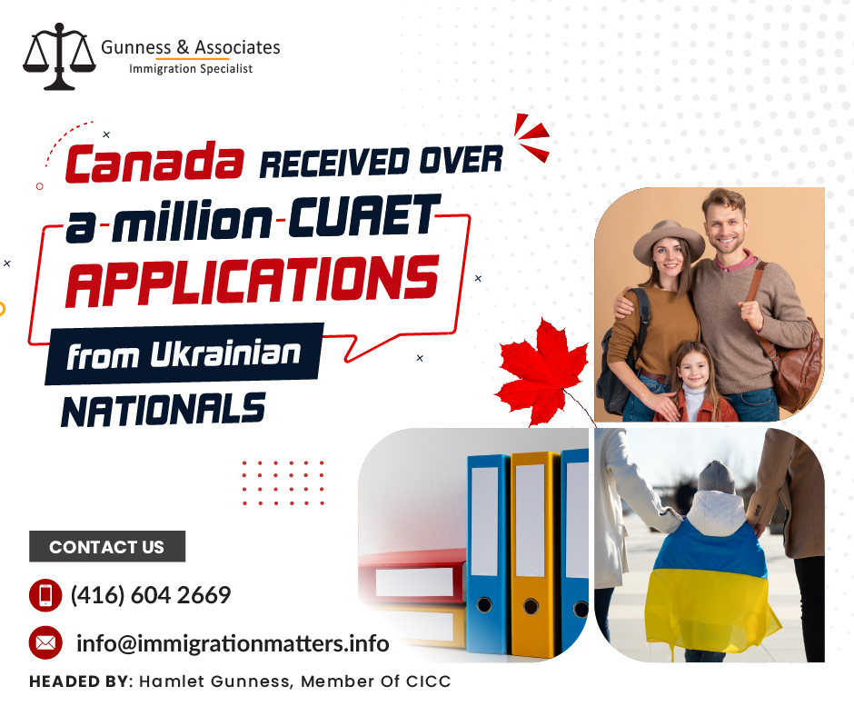 Canada received over a million CUAET applications from Ukrainian nationals on May 3, 2023, Immigration, Refugees and Citizenship Canada (IRCC) updated the number of Ukrainian newcomers arriving in Canada under the Canada-Ukraine authorization for emergency travel (CUAET). According to the latest update, between January 1, 2022, and April 23, 2023, 28,289 Ukrainians arrived in Canada by land, and 185,776 Ukrainians reached by air. Between March 17, 2022, and April 22, 2023, IRCC received 1,008,241 applications under the CUAET. In total, IRCC has approved 687,832 applications from Ukrainian nationals. From March 17, 2022, to April 22, 2023, 150,879 Ukrainian arrived in Canada under the CUAET program.Extension of the Canada-Ukraine authorization for emergency travel (CUAET) The Canada-Ukraine authorization for emergency travel (CUAET) and other temporary procedures are being extended by IRCC. This includes an Extension toapply for CUAET
travel to Canada under the CUAET special measures
access settlement services in Canada
extending the one-time financial assistance given to qualifying Ukrainians and their family membersCanada created the Canada-Ukraine Authorization for emergency travel (CUAET) measures in support of those affected by the Russian invasion of Ukraine in order to assist Ukrainians and their families in immigrating to Canada as soon as possible and to give them the opportunity to work and study while there.The CUAET measures also provide individuals who are currently in Canada with the option to continue living, working, or studying in Canada temporarily by extending their visitor status, work visa, or study permit.Want to know more details about “Canada received over a million CUAET applications from Ukrainian nationals” you can contact one of our immigration specialists at  Gunness & Associates.Tel: (416) 604-2669 Email: info@immigrationmatters.infoGunness & Associates has helped thousands of people successfully immigrate to Canada with their families. Our skilled and experienced immigration experts have the expertise to accurately examine your case and advise you on the best method of proceeding to best serve your needs.For honest and straightforward advice, contact the expertsat Gunness & Associates.Get a free Assessment Join our newsletter and get up-to-date immigration news Click hereAll rights reserved ©2023 Gunness & Associates