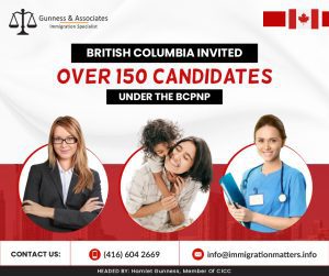 On May 9, 2023, British Columbia issued new invitations to candidates under the BCPNP in the Skilled Worker – International Graduate categories of the British Columbia Provincial Nominee Program (BC PNP). In the Tech-targeted draw, BC issued 93 invitations with a minimum score of 90 points. In the Childcare-targeted draw for early childhood educators (NOC 42202), the province invited 34 candidates who scored 60 points. In the Healthcare-targeted draw, the province issued 23 invitations too. Additionally, fewer than five invitations have been issued for other priority occupations (NOCs 31103, 32104). The province invited up to 155 candidates with a score of 60-90 points. Including this draw, in 2023, British Columbia has already issued 4,050 invitations.Overview of the BC PNP The Immigration Programs Branch of the Government of British Columbia oversees the BC Provincial Nominee Program (BC PNP), an economic immigration scheme.The province can choose and nominate foreign workers, students, and entrepreneurs through the program in order to promote government initiatives, fill labor market gaps, and expand the province's economy. You and your family can apply to IRCC to become permanent residents of Canada if you are nominated. Processing Time For BC PNP The BC PNP will start processing your application once it has been drawn and has received your complete application, which is based on 80% of cases.Skills Immigration3 MonthsPost-nomination requests3 MonthsAlso, read the latest Canadian Immigration News: BC INVITED OVER 176 CANDIDATES IN THE NEW BC PNP DRAWS IN MAY 2023BRITISH COLUMBIA INVITED SKILLED AND TECH WORKERSWant to know more details about “British Columbia invited over 150 candidates under the BC PNP” you can contact one of our immigration specialists at  Gunness & Associates.Tel: (416) 604-2669 Email: info@immigrationmatters.infoGunness & Associates has helped thousands of people successfully immigrate to Canada with their families. Our skilled and experienced immigration experts have the expertise to accurately examine your case and advise you on the best method of proceeding to best serve your needs.For honest and straightforward advice, contact the expertsat Gunness & Associates.Get a free Assessment Join our newsletter and get up-to-date immigration news Click hereAll rights reserved ©2023 Gunness & Associates