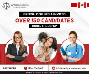 On May 9, 2023, British Columbia issued new invitations to candidates under the BCPNP in the Skilled Worker – International Graduate categories of the British Columbia Provincial Nominee Program (BC PNP). In the Tech-targeted draw, BC issued 93 invitations with a minimum score of 90 points. In the Childcare-targeted draw for early childhood educators (NOC 42202), the province invited 34 candidates who scored 60 points. In the Healthcare-targeted draw, the province issued 23 invitations too. Additionally, fewer than five invitations have been issued for other priority occupations (NOCs 31103, 32104). The province invited up to 155 candidates with a score of 60-90 points. Including this draw, in 2023, British Columbia has already issued 4,050 invitations.Overview of the BC PNP The Immigration Programs Branch of the Government of British Columbia oversees the BC Provincial Nominee Program (BC PNP), an economic immigration scheme.The province can choose and nominate foreign workers, students, and entrepreneurs through the program in order to promote government initiatives, fill labor market gaps, and expand the province's economy. You and your family can apply to IRCC to become permanent residents of Canada if you are nominated. Processing Time For BC PNP The BC PNP will start processing your application once it has been drawn and has received your complete application, which is based on 80% of cases.Skills Immigration3 MonthsPost-nomination requests3 MonthsAlso, read the latest Canadian Immigration News: BC INVITED OVER 176 CANDIDATES IN THE NEW BC PNP DRAWS IN MAY 2023BRITISH COLUMBIA INVITED SKILLED AND TECH WORKERSWant to know more details about “British Columbia invited over 150 candidates under the BC PNP” you can contact one of our immigration specialists at  Gunness & Associates.Tel: (416) 604-2669 Email: info@immigrationmatters.infoGunness & Associates has helped thousands of people successfully immigrate to Canada with their families. Our skilled and experienced immigration experts have the expertise to accurately examine your case and advise you on the best method of proceeding to best serve your needs.For honest and straightforward advice, contact the expertsat Gunness & Associates.Get a free Assessment Join our newsletter and get up-to-date immigration news Click hereAll rights reserved ©2023 Gunness & Associates