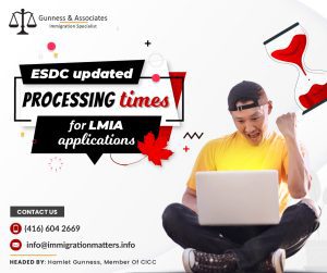 On May 10, 2023, Employment and Social Development Canada (ESDC) updated the processing times for LMIA applications under various streams. Based on statistics from all processing centers, the current average LMIA processing times have reduced for all streams except the Global Talent, Permanent Residence, and Low-wage streams.Average Processing Times for LMIA Applications For April 2023The average processing times for LMIA applications usually take to process full application from the time it is received by the service Canada until the decision letter is given to you. The given table below shows the average processing times across all processing centers in Canada and represents the average time it takes to process.Global Talent Stream - 9 business days
Agricultural stream - 13 business days (-2 days)
Seasonal Agricultural Worker Program - 8 business days (-4 days)
Permanent residence stream - 34 business days (+9 days)
In-home caregivers – 18 business days (-11 days)
High-wage stream - 31 business days (-2 days)
Low-wage stream - 37 business days (+1 day)Service Canada is committed to providing all Temporary Foreign Worker Program (TFWP) applicants excellent client service and acknowledges the significance of the program in solving Canada's labor shortages and meeting the needs of Canadian businesses.Depending on the number of applications the TFWP receives, processing times for LMIA applications may vary. Once you get a positive response from Immigration, Refugees and Citizenship Canada (IRCC) about your LMIA application, work permits will then be granted.What is a Labour Market Impact Assessment?Before hiring a foreign worker, a Canadian business may require to get a Labour Market Impact Assessment (LMIA). A positive LMIA will demonstrate that a foreign worker is required to fill the position. Additionally, it will demonstrate that no Canadian citizen or permanent resident is qualified for the position. A confirmation letter is another name for a positive LMIA.The worker can submit a work permit application after the employer receives the LMIA.Applicants for work permits must meet the following requirements:a job offer letter, 
a contract, 
a copy of the LMIA, and 
the LMIA numberAlso, read the latest Canadian Immigration News:ESDC PUBLISHED NEW PROCESSING TIMES FOR LMIA APPLICATIONS as of March 13, 2023CANADA EXTENDS PGWPS OF INTERNATIONAL GRADUATES TO WORK IN CANADA FOR LONGERPRINCE EDWARD ISLAND TO HIRE INTERNATIONALLY TRAINED NURSES IN DUBAIWant to know more details about “ESDC updated processing times for LMIA applications” you can contact one of our immigration specialists at  Gunness & Associates.Tel: (416) 604-2669 Email: info@immigrationmatters.infoGunness & Associates has helped thousands of people successfully immigrate to Canada with their families. Our skilled and experienced immigration experts have the expertise to accurately examine your case and advise you on the best method of proceeding to best serve your needs.For honest and straightforward advice, contact the expertsat Gunness & Associates.Get a free Assessment Join our newsletter and get up-to-date immigration news Click hereAll rights reserved ©2023 Gunness & Associates