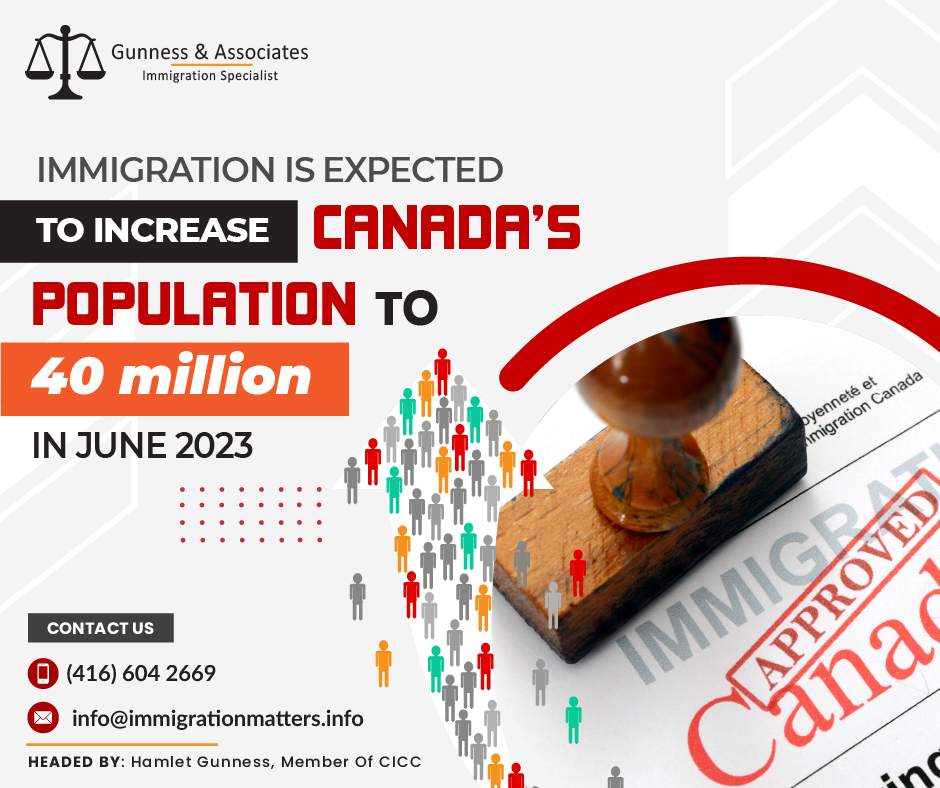 According to recent statistics, Immigration is expected to increase Canada's population is expected to reach 40 million in June 2023. This growth is mainly attributed to the influx of immigrants into the country. Canada has been welcoming thousands of immigrants annually, with a target of admitting over 500,000 annually by 2025. The Canadian government has implemented policies and programs to attract skilled workers and entrepreneurs worldwide. These efforts have attracted a diverse pool of immigrants to Canada, contributing to the country's economic growth and cultural diversity.The population of Canada increased by over one million people for the first time in a 12-month period, indicating the greatest annual population growth rate (+2.7%) since records began in 1957 (+3.3%).Canada continues to dominate the G7 countries in population growth in 2022, and as well in 2023. From October 1 and December 31, 2022, the population of Canada increased by 273,893 (+0.7%), making it the fourth quarter of 2022.Last week, Canada's chief statistician, Anil Arora, took the number as his starting point on stage to show Canada's growing society.By historical standards and in comparison to the rest of the world, Canada's population is growing comparatively quickly, and nearly all of that growth is due to immigration. It's also significant to remember that thousands of Canadians leave the nation every year, either permanently or temporarily. A "population clock" created by Statistics Canada allows you to see it happen in real-time. It indicates that a few thousand people enter Canada daily, mostly as immigrants or temporary residents.And since the GTA is the center of the country's vibrant and dynamic diversity, what is true for the entire country is even more true for the GTA.Arora noted in the esteemed, yearly Manion address to public officials that the consequences are broad and profound, particularly for the economy.Honourable Sean Fraser, the minister of immigration, is traveling across the country with his team in search of innovative strategies for the future, feasible short-term solutions, and immediate solutions to bring to his cabinet colleagues.Also Read:OTTAWA ANNOUNCED $65 MILLION IN FUNDING TO IMPROVE SETTLEMENT  SERVICESThe Canada Immigration Levels Plan 2023 to 2025Canada's 2023–2025 Immigration Levels Plan was announced by Honourable Sean Fraser, Minister of Immigration, Refugees, and Citizenship. In order to manage the social and economic challenges Canada will confront in the next decades, the plan supports immigration as a strategy to help businesses attract workers and to attract the skills needed in important areas, including health care, skilled trades, manufacturing, and technology.The most immigrants Canada has ever received in a single year were almost 405,000 last year. With targets of 465,000 permanent residents in 2023, 485,000 in 2024, and 500,000 in 2025, the government continues to pursue this ambition. The plan also places a greater priority on attracting immigrants to different parts of the country, particularly rural and small-town regions.We regularly share updated immigration news, want to keep updated, add the latest immigration news in your feed: https://immigrationmatters.info/feed Want to know more details about “Immigration is expected to increase Canada's population to 40 million in June 2023” you can contact one of our immigration specialists at  Gunness & Associates.Tel: (416) 604-2669 Email: info@immigrationmatters.infoGunness & Associates has helped thousands of people successfully immigrate to Canada with their families. Our skilled and experienced immigration experts have the expertise to accurately examine your case and advise you on the best method of proceeding to best serve your needs.For honest and straightforward advice, contact the expertsat Gunness & Associates.Get a free Assessment Join our newsletter and get up-to-date immigration news Click hereAll rights reserved ©2023 Gunness & Associates