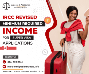 On May 2, 2023, Immigration, Refugees and Citizenship Canada (IRCC) updated the minimum required income for the Super Visa applications. The new minimum income requirement represents an increase of over 3.33% compared to the previous year. The minimum required income for a single-person family unit is C$27,514, while the minimum required income for a two-person family unit is C$34,254. The Super Visa allows Canadian permanent residents and citizens to invite their parents and grandparents to come to Canada for a stay of up to five years, possibly extending their visit to another two years.Overview of the Super Visa Canada Income Requirement 2023Details of Canada’s super Visa Requirements for 2023 and Old Gross Income Requirement for 2022 are listed in the table belowSize of FamilyNew Minimum Gross Income Requirement for 2023Old Gross Income Requirement for 20221 person (your child or grandchild)$27,514$26,6202 persons$34,254$33,1403 persons$42,100$40,7424 persons$51,128$49,4665 persons$57,988$56,1046 persons$65,400$63,2767 persons$72,814$70,448More than 7 persons, for each additional person, add$7,412$7,172Canada Super Visa Processing Times Processing times for Canada Super Visas typically vary depending on the nation of citizenship of the parents or grandparents you are submitting an application.The following list of countries' timetables for New Canada patrons is based on the most recent IRCC processing times update on May 2, 2023:Parents' or Grandparents' Super VisaVaries by countryIndia: 55 DaysNigeria: 708 DaysUnited States: 125 DaysPakistan: 309 DaysPhilippines: 203 DaysUAE: 640 DaysBangladesh: 206 DaysSri Lanka: 239 DaysUnited Kingdom: 190 Days– 17 Days for India+ 8 Days for Nigeria– 4 Days for the United States– 109 Days for Pakistan– 1 Day for the Philippines+ 42 Days for UAE– 14 Days for Bangladesh– 68 Days for Sri Lanka+ 27 Days for the UKIn the previous six months, 80% of applications had processing times that were comparable to these. However, depending on individual profiles, processing your application may take less or more time.Also Read:CANADA EXPERIENCES AN INCREASE IN THE NUMBER OF INTERNATIONALLY TRAINED NURSES SEEKING EMPLOYMENT OPPORTUNITIESESDC UPDATED PROCESSING TIMES FOR LMIA APPLICATIONSWhat is a Super Visa? A super visa is a temporary visa that allows grandparents and parents to live in Canada with their families. It also allows for multiple entries that are valid for ten years. As a result, grandparents and parents who are granted a super visa can stay in Canada for five years without having to reapply.We regularly share the latest immigration news, want to keep updated, add the latest Canadian immigration updates in your feed: https://immigrationmatters.info/feed Want to know more details about “IRCC revised the minimum required income for Super Visa applications” you can contact one of our immigration specialists at  Gunness & Associates.Tel: (416) 604-2669 Email: info@immigrationmatters.infoGunness & Associates has helped thousands of people successfully immigrate to Canada with their families. Our skilled and experienced immigration experts have the expertise to accurately examine your case and advise you on the best method of proceeding to best serve your needs.For honest and straightforward advice, contact the expertsat Gunness & Associates.Get a free Assessment Join our newsletter and get up-to-date immigration news Click hereAll rights reserved ©2023 Gunness & Associates