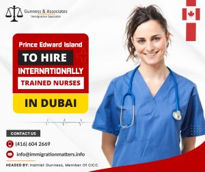 The Prince Edward Island (PEI) officials traveled nearly 10,000 km in March to recruit nurses in Dubai, United Arab Emirates. PEI’s director of Workforce Planning, Recruitment, and Pharmaceutical Services states that over 30 nurses are expected to immigrate to the province by early 2024. Healthcare authorities across Canada are facing severe labor shortages. In Prince Edward Island, the current job vacancy rate at Health PEI is approximately 20%. As a result of the nursing shortage on Prince Edward Island, many nurses are reluctant to accept additional shifts.In March, officials from the province's Office of Immigration and Health P.E.I. interviewed a large number of nurses who had international education in Dubai.Rebecca Gill, P.E.I.'s acting director of health recruitment said;“The process was very impactful and very successful. They are excited to visit Prince Edward Island, contribute to our healthcare system, and change the world. They are making a significant effort, so I believe they will continue to keep going in the future.”Arrival dates will vary due to the continued immigration process, but according to Gill, the majority are anticipated to arrive by the end of this year or in the early months of 2024.As stated by Tracy Wolbaum, executive director of human resources at the organization, Health P.E.I. is now dealing with a 20% vacancy rate for every category of staff. She stated that a good range for that amount would be five to seven percent.Additionally, there are about the same amount of full-time and part-time staff members, when there should be seven full-timers for every three part-timers. Part-time employees, according to Wolbaum, have contributed "tremendously" to the workload, but they are unable to be depended upon to agree to take on extra shifts in the same way.Click here to read the full CBC PEI story.Read, the latest immigration news; CANADA UPDATED INSTRUCTIONS FOR THE SAFE THIRD COUNTRY AGREEMENTONTARIO PRACTICE READY ASSESSMENT PROGRAM PRA 2023Want to know more details about “Prince Edward Island to hire internationally trained nurses in Dubai” you can contact one of our immigration specialists at  Gunness & Associates.Tel: (416) 604-2669 Email: info@immigrationmatters.infoGunness & Associates has helped thousands of people successfully immigrate to Canada with their families. Our skilled and experienced immigration experts have the expertise to accurately examine your case and advise you on the best method of proceeding to best serve your needs.For honest and straightforward advice, contact the expertsat Gunness & Associates.Get a free Assessment Join our newsletter and get up-to-date immigration news Click hereAll rights reserved ©2023 Gunness & Associates