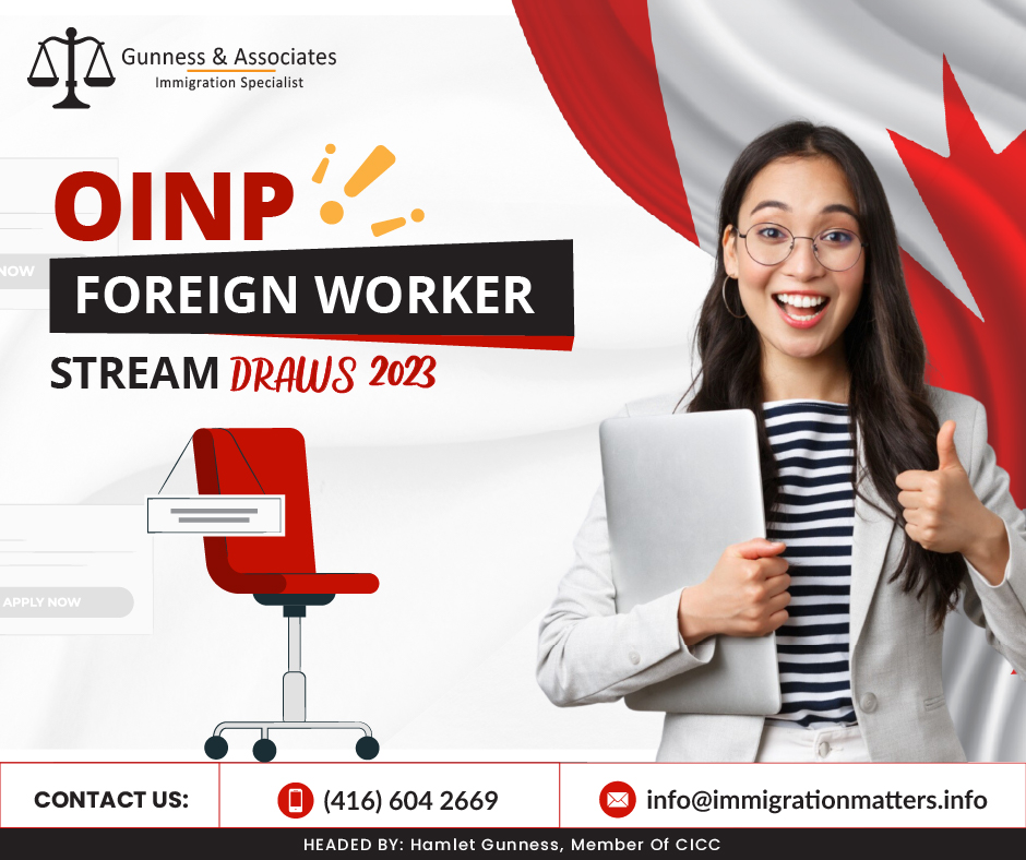 OINP issued 1730 invitations to apply under Employer Job Offer: Foreign Worker stream draws in 2023 to date May 2023. Foreign workers with a job offer in a skilled occupation can apply to live and work permanently in Ontario via the OINP Foreign Worker stream. The job offer must be for a skilled occupation in the National Occupational Classification (NOC) TEER (Training, Education, Experience, and Responsibilities) classifications 0, 1, or 3. Foreign workers both inside and outside of Canada are accepted into this stream. The Ontario Immigration Nominee Program (OINP) selects applicants who might be qualified for one of the immigration streams via an expression of interest system. You may not be eligible for one of the immigration streams just because you got an invitation to apply.If you meet the requirements for the stream listed in your invitation to apply, you may apply online after receiving the invitation. After getting the invitation to apply, you'll have 14 days to submit your application.Employer Job Offer: Foreign Worker Stream draws invitations 2023 Under EJO: Foreign Worker Stream OINP issued a total of 1,730 invitations as of May 2023. The details for those invitations are listed in the table below:DateNo of invitationsProfile CreatedScore rangeDescriptionsMay 9, 2023400November 22, 2022 – May 9, 202343 and aboveThe targeted draw for skilled trades occupationsApril 4, 20236November 22, 2022 – April 4, 2023N/AThe targeted draw for Economic Mobility Pathways.March 14, 20232November 22, 2022 – March 14, 2023N/AThe targeted draw for Economic Mobility Pathways.February 10, 2023304November 22, 2022 - February 10, 202330 and aboveThe targeted draw is for tech and health occupations.February 10, 20231November 22, 2022 - February 10, 2023N/AThe targeted draw for Economic Mobility Pathways.January 31, 2023611November 22, 2022 - January 31, 202353 and aboveThe targeted draw is for tech and health occupations.January 24, 20232November 22, 2022 - January 24, 2023N/AThe targeted draw for Economic Mobility Pathways.January 10, 2023402November 22, 2022 – January 10, 202335 and aboveThe targeted draw for skilled trades occupations.January 10, 20232November 22, 2022 – January 10, 2023N/AThe targeted draw for Economic Mobility Pathways Project candidatesAlso Read: THE ONTARIO ENTREPRENEUR STREAM INVITED 14 BUSINESS CANDIDATESONTARIO INVITED 984 CANDIDATES UNDER TWO STREAMS OF OINPOINP  INVITED RECORD 2,349 CANDIDATES UNDER THE HUMAN CAPITAL PRIORITIES STREAMWhat is the Ontario Employer Job Offer?A group of immigration streams under the Ontario Immigrant Nominee Program (OINP), a Provincial Nominee Program (PNP) administered by the province of Ontario, is known as the Ontario Employer Job Offer. Three immigration programs called Ontario Employer Job Offers are aimed at foreign nationals who have received valid job offers from province-eligible businesses.OINP Employer Job Offer includes the following streams:Ontario Foreign Workers
Ontario International Students with a Job Offer
Ontario In-Demand SkillsWe regularly share updated Canadian immigration news, want to keep updated, add the latest immigration news in your feed: https://immigrationmatters.info/feed Want to know more details about “OINP Foreign Worker stream draws 2023” you can contact one of our immigration specialists at  Gunness & Associates.Tel: (416) 604-2669 Email: info@immigrationmatters.infoGunness & Associates has helped thousands of people successfully immigrate to Canada with their families. Our skilled and experienced immigration experts have the expertise to accurately examine your case and advise you on the best method of proceeding to best serve your needs.For honest and straightforward advice, contact the expertsat Gunness & Associates.Get a free Assessment Join our newsletter and get up-to-date immigration news Click hereAll rights reserved ©2023 Gunness & Associates