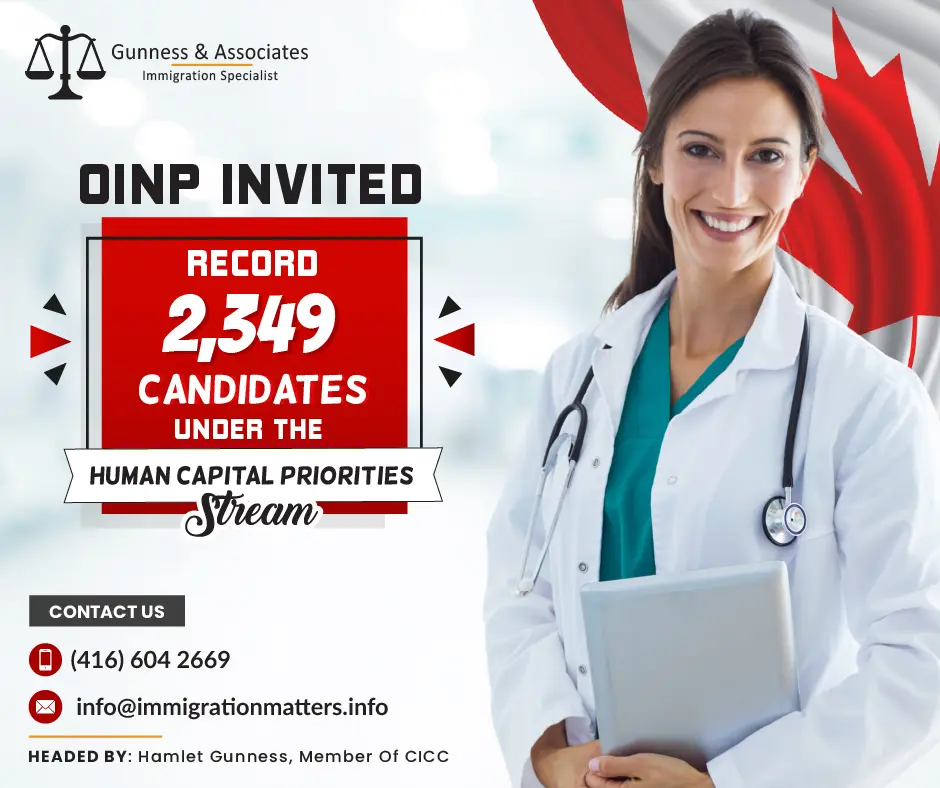 On May 8, 2023, the Ontario Immigrant Nominee Program (OINP) conducted a new invitation draw under the Human Capital Priorities Stream. In the healthcare draw, the OINP issued 2,349 targeted Notifications of Interest (NOIs) to candidates with work experience in one of the in-demand occupations. Those candidates' CRS Express Entry score was relatively low – between 427-482 points. The OINP invited candidates under 42 national occupational codes (NOC) in this draw. In 2023, Ontario issued 17,073 invitations under all streams of OINP, including 7,751 candidates under the Human Capital Priorities Stream.In a PNP draw just a few days prior, on May 5, Ontario invited 1,863 candidates with CRS scores ranging from 475 to 482, breaking the previous record for the most number of invitations. Express Entry profiles created through the Human Capital Priorities (HCP) stream between May 8, 2022, and May 8, 2023, are receiving invites since yesterday.Occupations invited in OINP draw under Human Capital Priorities StreamThe following National Occupation Classification (NOC) codes were the ones for which employment experience was required of invited candidates under the Human Capital Priorities Stream:NOC 30010 – Managers in health-care
NOC 31100 – Specialists in clinical and laboratory medicine
NOC 31101 – Specialists in surgery
NOC 31102 – General practitioners and family physicians
NOC 31103 – Veterinarians
NOC 31110 – Dentists
NOC 31111 – Optometrists
NOC 31112 – Audiologists and speech-language pathologists
NOC 31120 – Pharmacists
NOC 31121 – Dietitians and nutritionists
NOC 31201 – Chiropractors
NOC 31202 – Physiotherapists
NOC 31203 – Occupational therapists
NOC 31204 – Kinesiologists and other professional occupations in therapy and assessment
NOC 31209 – Other professional occupations in health diagnosing and treating
NOC 31300 – Nursing coordinators and supervisors
NOC 31301 – Registered nurses and registered psychiatric nurses
NOC 31302 – Nurse practitioners
NOC 31303 – Physician assistants, midwives, and allied health professionals
NOC 32100 – Opticians
NOC 32101 – Licensed practical nurses
NOC 32102 – Paramedical occupations
NOC 32103 – Respiratory therapists, clinical perfusionists, and cardiopulmonary technologists
NOC 32104 – Animal health technologists and veterinary technicians
NOC 32109 – Other technical occupations in therapy and assessment
NOC 32110 – Denturists
NOC 32111 – Dental hygienists and dental therapists
NOC 32112 – Dental technologists and technicians
NOC 32120 – Medical laboratory technologists
NOC 32121 – Medical radiation technologists
NOC 32122 – Medical sonographers
NOC 32123 – Cardiology technologists and electrophysiological diagnostic technologists
NOC 32124 – Pharmacy technicians
NOC 32129 – Other medical technologists and technicians
NOC 32200 – Traditional Chinese medicine practitioners and acupuncturists
NOC 32201 – Massage therapists
NOC 32209 – Other practitioners of natural healing
NOC 33100 – Dental assistants and dental laboratory assistants
NOC 33101 – Medical laboratory assistants and related technical occupations
NOC 33102 – Nurse aides, orderlies, and patient service associates
NOC 33103 – Pharmacy technical assistants and pharmacy assistants
NOC 33109 – Other assisting occupations in support of health servicesWhat is the Human Capital Priorities Stream?  The Ontario Immigrant Nominee Program (OINP) has an immigration stream called Express Entry Human Capital Priorities.It allows foreign workers with the necessary education, work experience, and language skills to apply to live and work permanently in Ontario.Before you can apply online to be nominated by the Ontario government for permanent residence, you must have a valid profile in Immigration, Refugees and Citizenship Canada's (IRCC) Express Entry system and obtain a Notification of Interest from Ontario.Also, read the latest Canadian Immigration News;THE LATEST OINP DRAW INVITED A RECORD NUMBER OF CANDIDATESONTARIO INVITED CANDIDATES UNDER THE EMPLOYER JOB OFFER IN-DEMAND SKILLS STREAMWant to know more details about “OINP invited record 2,349 candidates under the Human Capital Priorities Stream” you can contact one of our immigration specialists at  Gunness & Associates.Tel: (416) 604-2669 Email: info@immigrationmatters.infoGunness & Associates has helped thousands of people successfully immigrate to Canada with their families. Our skilled and experienced immigration experts have the expertise to accurately examine your case and advise you on the best method of proceeding to best serve your needs.For honest and straightforward advice, contact the expertsat Gunness & Associates.Get a free Assessment Join our newsletter and get up-to-date immigration news Click hereAll rights reserved ©2023 Gunness & Associates