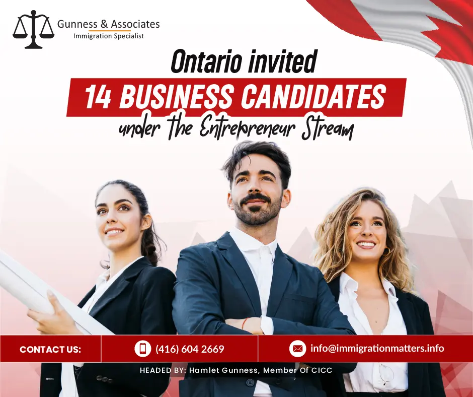 On May 12, 2023, The Ontario Entrepreneur Stream released the new draw results. It was the third draw for business candidates of the year. The province issued 14 Invitations to Apply (ITAs) to business candidates in this draw. This round's Comprehensive Ranking System (CRS) score was between 135 and 178. The OINP noted that those whose Expressions of Interest were scored by May 9, 2023, were eligible for this draw. This year, Ontario invited 17,087 candidates under all streams of the OINP, including 37 entrepreneurs.Ontario Entrepreneur Stream: 2023 DrawsOntario Entrepreneur Stream invitation details as of May 12, 2023, are listed in the table below;DateInvitations IssuedMinimum score rangeMay 12, 202314 135-178March 31, 202313139-159January 27, 202310137-162About the Ontario Entrepreneur Stream The Ontario Immigrant Nominee Program (OINP) has an immigration stream called the Entrepreneur stream. It was created in line with the 2015 Ontario Immigration Act along with its regulations. This stream is for business owners from outside Canada who want to start a new business or acquire an existing business in Ontario.  Once their company has been established in Ontario, it allows an entrepreneur (and up to one foreign national business partner) an opportunity to be nominated for permanent residence. What are the Requirements for Ontario Entrepreneur Stream?An applicant must be able to demonstrate that they have the interest, capability, and financial resources to own and actively manage an Ontario business in order to be eligible to submit an EOI for the Ontario Entrepreneur stream. Because of this, the program requires both a high level of business management experience and a significant financial net worth.Work Experience: For at least 24 of the last 60 months, you have been a business owner or a senior manager (business management) experience.Language Proficiency: Applicants for this stream must have valid language test results demonstrating English language ability at CLB) Level 4 or above Canadian Language Benchmark.Investment requirements: Your net worth must be a minimum of $800,000 if your prospective business is located in the GTA and your net worth must be a minimum of $400,000 if your prospective business is located outside of the Greater Toronto Area (GTA). Click here to get to know about complete Investment factorsAlso, read the latest Canadian Immigration News:OTTAWA ANNOUNCED $65 MILLION IN FUNDING TO IMPROVE SETTLEMENT SERVICESESDC UPDATED PROCESSING TIMES FOR LMIA APPLICATIONSONTARIO INVITED 984 CANDIDATES UNDER TWO STREAMS OF OINPIN THE LATEST PNP-TARGETED EXPRESS ENTRY DRAW CRS DROPS 57 POINTSWant to know more details about the “Ontario Entrepreneur Stream invited 14 business candidates” you can contact one of our immigration specialists at  Gunness & Associates.Tel: (416) 604-2669 Email: info@immigrationmatters.infoGunness & Associates has helped thousands of people successfully immigrate to Canada with their families. Our skilled and experienced immigration experts have the expertise to accurately examine your case and advise you on the best method of proceeding to best serve your needs.For honest and straightforward advice, contact the expertsat Gunness & Associates.Get a free Assessment Join our newsletter and get up-to-date immigration news Click hereAll rights reserved ©2023 Gunness & Associates