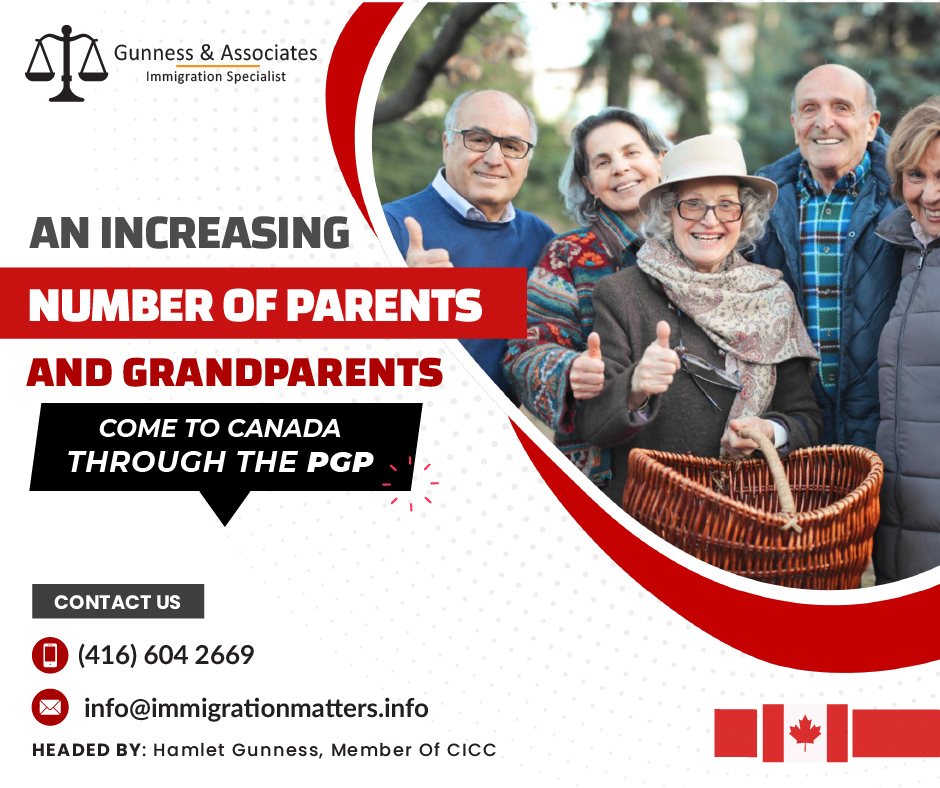 The PGP saw a 4.3% increase in new permanent residents in February, according to the latest data from Immigration, Refugees, and Citizenship Canada (IRCC). A total of 1,805 new permanent residents were welcomed in February, up from 1,730 in January. This growth in popularity for the PGP in February follows a month with a 33% increase in the number of new permanent residents compared to January of the previous year when Canada welcomed 1,300 new permanent residents under the PGP.3,550 parents and grandparents have been able to reconnect with their family members in Canada so far this year due to the PGP in January and February, up 44.9% from the 2,450 who arrived under the same program in the same months last year. In the first two months of this year, Alberta was the second-most popular destination in Canada for parents and grandparents arriving under the PGP. In January and February of this year, Prairie province received 805 of these new permanent residents.Through the PGP, the francophone province of Quebec welcomed 375 new permanent residents, and the other 60 parents and grandparents were divided between the four Atlantic Canadian provinces of Newfoundland and Labrador, Nova Scotia, Prince Edward Island, and New Brunswick. 165 new permanent residents entered Manitoba through the PGP during the first two months of this year, and 130 entered Saskatchewan, the other two Prairie provinces.  What is the PGP? The Parents and Grandparents Program (PGP) of Canada is a family reunification program that allows Canadian citizens and permanent residents to sponsor their parents and grandparents to immigrate to and settle permanently in Canada. The goal of the program is to assist Canadian families in staying together and reuniting. Must Read;IMMIGRATION HELPS CANADA INCREASE HUMAN CAPITAL GROWTHMOST CANADIAN PROVINCES PLAN TO INCREASE MINIMUM WAGES IN OCTOBER 2023Want to know more details about “An increasing number of parents and grandparents come to Canada through the PGP” you can contact one of our immigration specialists at  Gunness & Associates.Tel: (416) 604-2669 Email: info@immigrationmatters.infoGunness & Associates has helped thousands of people successfully immigrate to Canada with their families. Our skilled and experienced immigration experts have the expertise to accurately examine your case and advise you on the best method of proceeding to best serve your needs.For honest and straightforward advice, contact the expertsat Gunness & Associates.Get a free Assessment Join our newsletter and get up-to-date immigration news Click hereAll rights reserved ©2023 Gunness & Associates