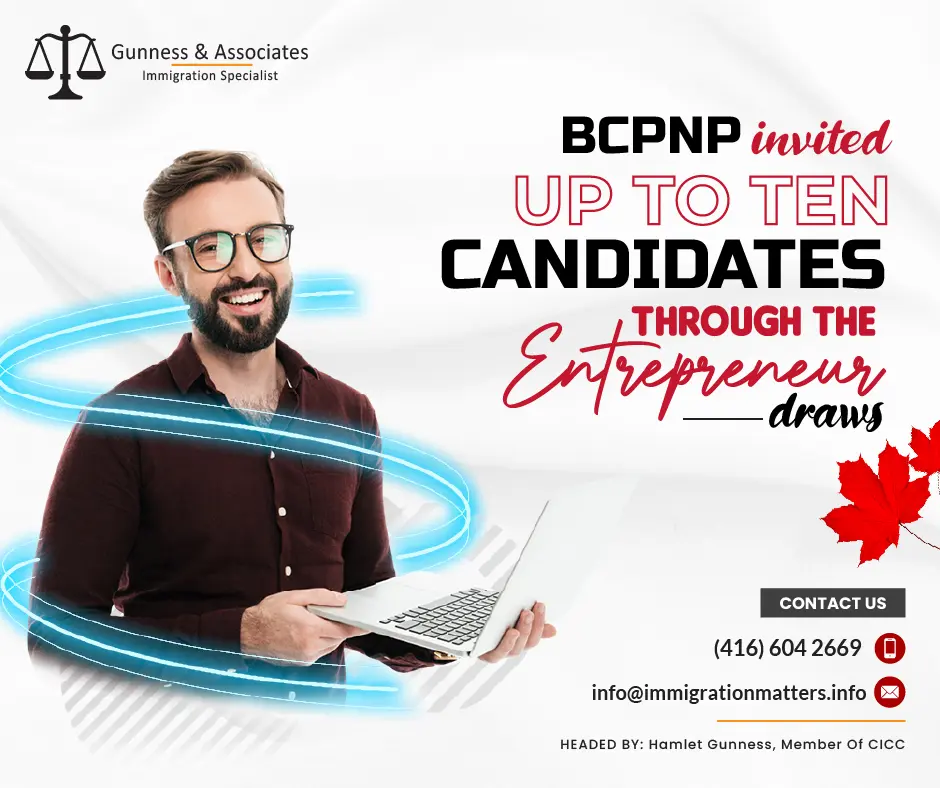 On June 20, 2023, British Columbia held new draws for business candidates in the British Columbia Provincial Nominee Program (BCPNP) through the entrepreneur draws. BCPNP invited up to five candidates in the Base Category of the Entrepreneur Stream. The lowest score of this round was 119 points, four points more than it was in the previous draw. In addition, the province invited fewer than five candidates in the Entrepreneur Immigration - Regional Pilot category with a minimum score of 152. The maximum points in the Entrepreneur Stream grid are 200. Candidates can get 120 points for self-declared factors such as Experience & Ownership, Net Worth, Investment, etc. Another 80 points are given for the business concept. British Columbia issued 5,125 invitations this year, including up to 54 entrepreneurs.BC PNP Entrepreneur ImmigrationEntrepreneur Immigration (EI) is a process for foreign entrepreneurs who want to immigrate to British Columbia (B.C.) to establish businesses that promote innovation and economic growth in the province. This program is part of the BC Provincial Nominee Programme (BC PNP).A "temporary to permanent" immigration route is entrepreneur immigration. In general, if you're accepted, you'll initially arrive in British Columbia as a temporary resident and then apply to stay permanently once you've set up a business.BC PNP Entrepreneur Immigration has three streams:Base stream
Regional Pilot
Strategic ProjectsWhat are the eligibility criteria for the Base Category of the Entrepreneur Stream? To be eligible for the Base category of the entrepreneur stream candidates must required to meet these eligibility requirements;an individual with a minimum CAD $600,000 net worth
If you don't have any business experience, you have to have the equivalent of a two-year post-secondary diploma
basic language proficiency in either English or French, at least at Canadian Language Benchmark (CLB) level 4
having lawfully entered the country where you are presently residing
have legal immigration status in Canada, or be eligible for doing soJoin our RSS Feed Want to know more details about “BC PNP invited up to ten candidates through the entrepreneur draws” you can contact one of our immigration specialists at  Gunness & Associates.Tel: (416) 604-2669 Email: info@immigrationmatters.infoGunness & Associates has helped thousands of people successfully immigrate to Canada with their families. Our skilled and experienced immigration experts have the expertise to accurately examine your case and advise you on the best method of proceeding to best serve your needs.For honest and straightforward advice, contact the expertsat Gunness & AssociatesGet a free Assessment Join our newsletter and get up-to-date immigration news Click hereAll rights reserved ©2023 Gunness & Associates