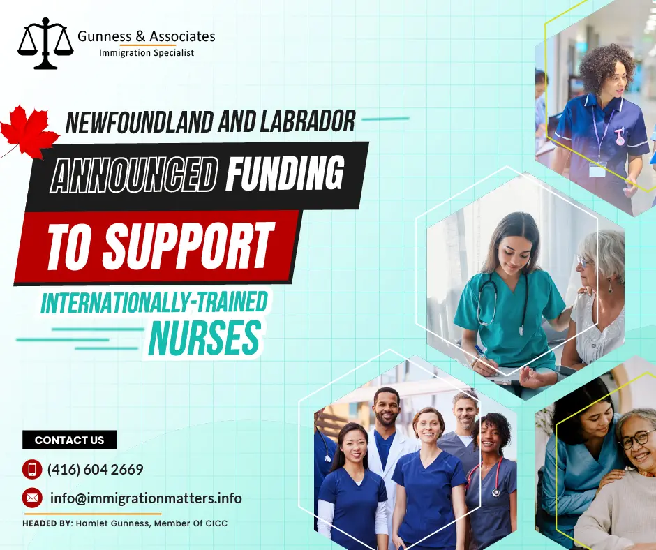 On June 22, 2023, the Government of Newfoundland and Labrador announced $260,000 to help internationally trained nurses work in Newfoundland and Labrador. The funding will help nursing regulators by implementing a call-answering service contract, creating a Registration Support Assistant position, and providing an incentive program through NLHS. This is in line with recent amendments to the Registered Nurses Regulations, which will streamline registered nurses' registration and licensing process and make it easier for nurses educated outside the province to work in Newfoundland and Labrador. The funding also aligns with Health Accord Newfoundland and Labrador recommendations to improve the recruitment and retention of healthcare professionals.The Department of Immigration, Population Growth, and Skills provided funding in 2021 for the College of Registered Nurses to open a satellite location to offer education credential reviews, language proficiency reviews, and competency assessments to support regulators in making evidence-based registration decisions.Minister of Health and Community Services Honourable Tom Osborne stated:“The College of Registered Nurses and the College of Licenced Practical Nurses will be equipped with the necessary resources to efficiently streamline the license and registration processes in accordance with the recently issued Registered Nursing Regulations due to the funding. The number of licensed RNs and LPNs will increase as a result of the recruitment of Canadian and international nurses, which will decrease the workload of our present nurses and improve patient care.”Newfoundland and Labrador made easier recruitment of internationally-trained nursesOn June 2, 2023, Newfoundland and Labrador made it easier for internationally-trained nurses to work in the province by amending the Registered Nurses Regulations. The changes include establishing a Designated Countries Pathway for nurses from seven countries, including the US, UK, India, the Philippines, Australia, New Zealand, and Ireland, and reducing costs and education assessment time for International Nursing Applicants. The Provincial Government plans to welcome approximately 200-300 nurses from India by the end of this year. Currently, there are already 200 internationally-educated nurses working in the province.More than 500 more nurses have joined the healthcare sector since April 2022. The Provincial Government anticipates being able to recruit more nurses in the province with improved registration and licensing processes. Click here to read the complete updateJoin our RSS Feed Want to know more details about “Newfoundland and Labrador announced funding to support internationally trained nurses” you can contact one of our immigration specialists at  Gunness & Associates.Tel: (416) 604-2669 Email: info@immigrationmatters.infoGunness & Associates has helped thousands of people successfully immigrate to Canada with their families. Our skilled and experienced immigration experts have the expertise to accurately examine your case and advise you on the best method of proceeding to best serve your needs.For honest and straightforward advice, contact the expertsat Gunness & AssociatesGet a free Assessment Join our newsletter and get up-to-date immigration news Click hereAll rights reserved ©2023 Gunness & Associates