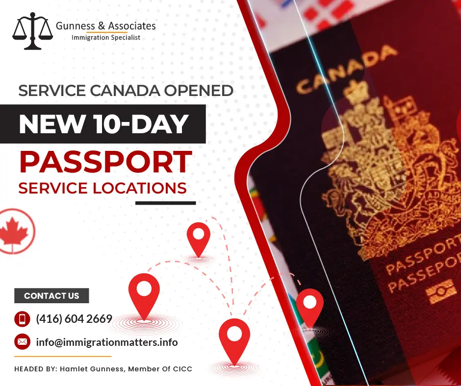 Service Canada announced the opening of seven new 10-day passport service locations across the country, making it easier and more convenient for Canadians to obtain their passports promptly. These locations include Prince George in British Columbia, Lac-Megantic, Gaspe, Saint-Georges, Sainte-Agathe-des-Monts in Quebec, and Timmins and Dryden in Ontario. This move by the Canadian Government reflects its commitment to improving the passport application process and ensuring Canadians have access to essential travel documents for those who need to travel urgently or for work.Service Canada currently offers 20 Service Canada Centres across the country where Canadians can apply for a passport and receive it by mail in 10 business days (mail time not included), due to the updating of these new locations. This reduces wait times at passport offices and enables Canadians to receive service closer to home. If a Canadian requires their passport in less than ten working days, they must go to a passport office that offers express or urgent pick-up services and pay extra for those services.There are no backlogs, passport processing times are back to the pre-pandemic levels, and Service Canada is consistently exceeding its delivery goals for a majority of applications. Although the public service labor disruption earlier in the spring had a small impact on passport processing, all service delays were quickly remedied. Nearly all passports are once again being delivered by Service Canada within the 10- and 20-day targets, with about 98% of passports being provided within service standards regardless of the mode of intake.The team at the passport office has been working to enhance service offerings over the past few months, and they are now ready to handle the first round of passport renewals for people who got 10-year passports in July 2013.Join our RSS Feed Want to know more details about “Service Canada opened new 10-day passport service locations” you can contact one of our immigration specialists at  Gunness & Associates.Tel: (416) 604-2669 Email: info@immigrationmatters.infoGunness & Associates has helped thousands of people successfully immigrate to Canada with their families. Our skilled and experienced immigration experts have the expertise to accurately examine your case and advise you on the best method of proceeding to best serve your needs.For honest and straightforward advice, contact the expertsat Gunness & AssociatesGet a free Assessment Join our newsletter and get up-to-date immigration news Click hereAll rights reserved ©2023 Gunness & Associates