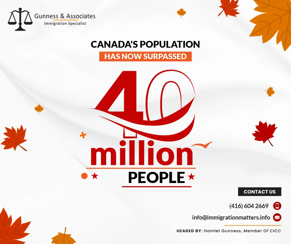 Canada's population has reached a significant milestone, hitting 40 million people just before 3 pm on Friday, June 16. According to Statistics Canada, the country's population growth rate currently stands at 2.7%, its highest since 1957 during the postwar baby boom. This growth rate is due to a few factors, including recent birth trends, deaths, and international migration data. Last year saw a record increase of 1.05 million people, 96% of that increase due to international migration. Statistics Canada predicts that Canada's population could reach 50 million as early as 2043 if current trends continue. This projection underscores the importance of ongoing efforts to manage population growth and ensure that Canada remains a great place to live, work, and raise a family.The significant turning moment in the history of the country comes after a year of growth that broke all previous records. Most of the 1.1 million new permanent and temporary residents that were included in Canada's population in 2022 were immigrants. The increase allowed the 40-million milestone to be achieved faster than expected.It's a wonderful chance to celebrate Canada's growth and reflect on how far we have actually come as a country."Canada has reached an exciting milestone. It is a clear indication that Canada is still a vibrant, welcoming nation with lots of promise,” according to chief statistician Anil Arora, who made the statement to the media.Immigration Levels Plan One of the key strategies that the country uses to deal with its demographic concerns is immigration. The population of Canada is aging, and the country's natural birth rate is insufficient to increase it. As a result, Canada needs immigrants to support both the growth and sustainability of its workforce.Nearly all of the increase in Canada's workforce may be due to immigration. Immigration, Refugees and Citizenship Canada anticipates that by 2023, immigrants will make up roughly 30% of the country's population.Over 460,000 new immigrants will be welcomed annually, according to Canada's Immigration Levels Plan. The objectives of Canadian immigration are to support the economy, reunite families, and aid refugeesCanada's goal for new immigrants in 2023 is 465,000 new permanent residents. By 2024, the goal will increase to 485,000 then 500,000.Post-war Baby Boom The number of births unexpectedly grew in Canada and many other countries after the Second World War. With fertility hitting a peak of 3.94 children per woman in 1959, Canada saw one of the strongest post-war baby booms in the world. That is over three times higher than the previous record low, which was 1.41 in 2020.A record-breaking number of 463,000 babies were born in Canada in 1960. In comparison, just 368,000 babies were born in 2021, despite the fact that the population as a whole was more than twice as large as it was in 1960.Canada's population peaked at 20 million people in 1966, at the end of the baby boom period, with a substantial proportion of children between the years of 0 and 14.Join our RSS Feed Want to know more details about “Canada's population has now surpassed 40 million people” you can contact one of our immigration specialists at  Gunness & Associates.Tel: (416) 604-2669 Email: info@immigrationmatters.infoGunness & Associates has helped thousands of people successfully immigrate to Canada with their families. Our skilled and experienced immigration experts have the expertise to accurately examine your case and advise you on the best method of proceeding to best serve your needs.For honest and straightforward advice, contact the expertsat Gunness & AssociatesGet a free Assessment Join our newsletter and get up-to-date immigration news Click hereAll rights reserved ©2023 Gunness & Associates