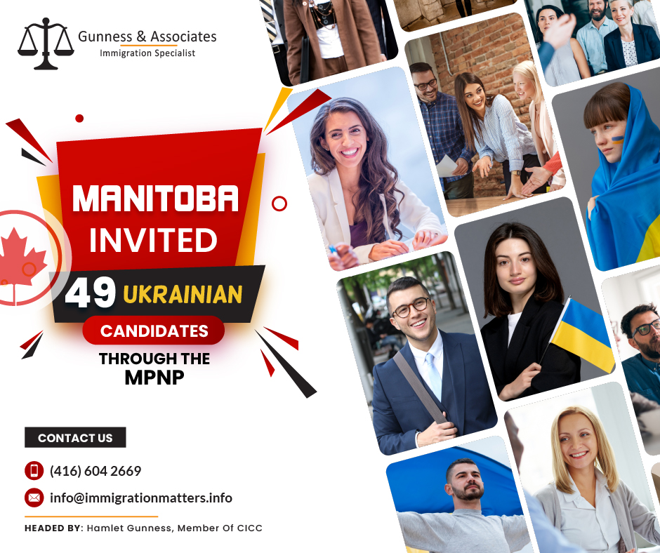 On June 26, 2023, the Government of Manitoba held the 15th draw for Ukrainian candidates. In this draw, the province invited 49 candidates through the Manitoba Provincial Nominee Program (MPNP). To be eligible, applicants must be Ukrainian citizens, have a minimum of CLB 4 in each language band, have connections to the province (close relative, community ties, previous employment, or studies in Manitoba), and score at least 60 points in the EOI registration points-grid, and possess a valid language test in one of the official languages. In total, the province invited 6,711 candidates in 2023, including 174 Ukrainian nationals.Manitoba PNP Draws 2023How to apply for Manitoba PNP as a skilled worker overseas? If you want to be eligible for the Skilled Worker Overseas (SWO) pathway, you have to prove that you have a strong relationship with Manitoba by:Having the support of family or friends (Manitoba assistance), 
having completed your study or worked in the province previously (Manitoba Experience), or 
having received an invitation to apply directly from the MPNP as part of a strategic recruitment initiative (Manitoba Invitation).You must receive at least 60 points based on five different factors in addition to having a link to Manitoba: language proficiency, age, work experience, education, and adaptability. No matter how many points you have, you cannot apply under SWO if you have no connection to Manitoba.Join our RSS Feed Want to know more details about the “Manitoba invited 49 Ukrainian candidates through the MPNP” you can contact one of our immigration specialists at  Gunness & Associates.Tel: (416) 604-2669 Email: info@immigrationmatters.infoGunness & Associates has helped thousands of people successfully immigrate to Canada with their families. Our skilled and experienced immigration experts have the expertise to accurately examine your case and advise you on the best method of proceeding to best serve your needs.For honest and straightforward advice, contact the expertsat Gunness & AssociatesGet a free Assessment Join our newsletter and get up-to-date immigration news Click hereAll rights reserved ©2023 Gunness & Associates