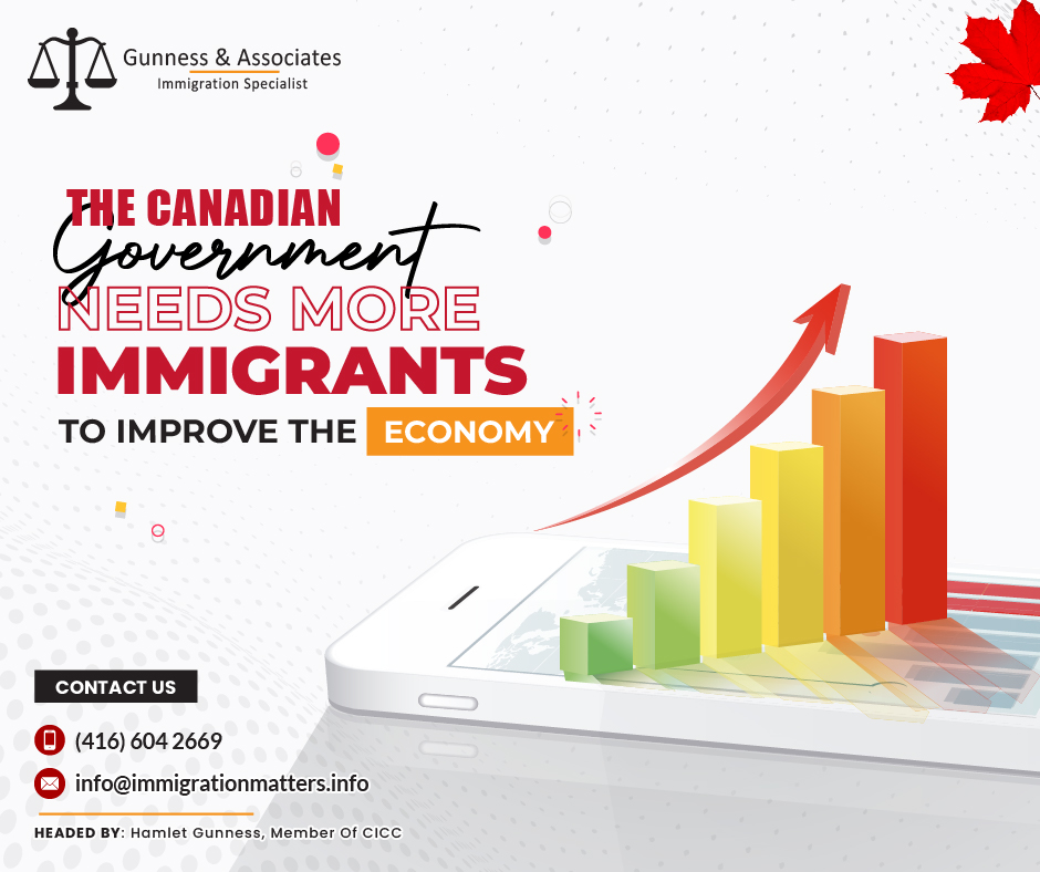 The Canadian Government needs more immigrants to improve the economy as Canada faces an aging population, a new report suggests that the country needs to increase immigration to balance the demographic. According to the report, the working-age population would have to grow by 2.2% annually through 2040 to maintain the same old-age dependency ratio as in 2022. To return to the average ratio between 1990 and 2015, the same group would have to grow by 4.5% each year. While the potential increase in immigration levels has sparked debate over whether the country can handle more newcomers, proponents argue that the labor market can absorb more workers and more working-age Canadians are needed to support the tax base. Last year, Canada's population grew by over one million people, the fastest rate since 1957.With one million vacant jobs across the country, the country is experiencing a labor shortage, and that's why immigration objectives are increasing. Canada has one of the oldest populations in the world, and its low birth rate leads to a labor shortage.According to Statistics Canada, the nation's birth rate dropped to a record low of 1.4 children per woman in 2020. This would have to rise to 2.1 in order to maintain Canada's population without immigration.Immigrants Contributing to Canada's EconomyThe economy of Canada is boosted by immigrants. According to Statistics Canada, immigrants play a significant role in all sectors of the Canadian economy. The number of people working (sometimes referred to as the labor force) and paying taxes to support public services, such as health care, is one indicator of how strong the Canadian economy is.The labor force in Canada is expanding annually due to immigration. While funding for public services is essential, embracing immigrants can aid employers in filling open positions with skilled candidates. This is a result of Canadians living longer lives and having fewer kids. Fewer people are enrolling in schools, and more individuals are retiring. As a result, there aren't many current and future workers who were born in Canada.Not only do immigrants fill labor shortages and pay taxes, but they also spend money on goods, housing, and transportation, which helps the Canadian economy.Canada's Immigration Levels Plan 2023-2025 According to the Canadian government's immigration levels plan for 2023–2025, 1.45 million new permanent residents from all immigration categories are expected to arrive in Canada over the next three years. According to the government's immigration goals, Canada will accept permanent residents through a number of programs. Canada plans to bring in 465,000, 485,000, and 500,000 additional permanent residents between 2023 and 2025. Canada welcomed 405,000 permanent residents in 2021. 431,645 people moved to Canada permanently in 2022. The following table displays Canada's immigration plans for each immigration group between 2023 - 2025:Immigration Class	2023	2024	2025
Economic	266,210	281,135	301,250
Family	106,500	114,000	118,000
Refugee	76,305	76,115	72,750
Humanitarian	15,985	13,750	8,000
Total	465,000	485,000	500,000Join our RSS Feed Want to know more details about “The Canadian Government needs more immigrants to improve the economy” you can contact one of our immigration specialists at  Gunness & Associates.Tel: (416) 604-2669 Email: info@immigrationmatters.infoGunness & Associates has helped thousands of people successfully immigrate to Canada with their families. Our skilled and experienced immigration experts have the expertise to accurately examine your case and advise you on the best method of proceeding to best serve your needs.For honest and straightforward advice, contact the expertsat Gunness & AssociatesGet a free Assessment Join our newsletter and get up-to-date immigration news Click hereAll rights reserved ©2023 Gunness & Associates