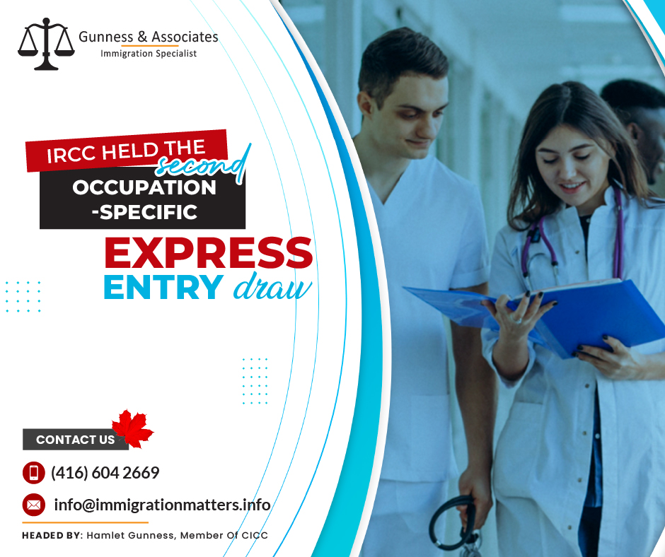 On July 6, 2023, Immigration, Refugees and Citizenship Canada (IRCC) held the second occupation-specific Express Entry draw and issued 1500 Invitations to Apply (ITA) to candidates working in healthcare occupations. In round #255, the cut-off score was 463 points, 13 points fewer than in the previous healthcare-targeted Express Entry draw. The tie-breaking rule for this round was June 19, 2023, at 06:41:05 UTC. As of July 4, 2023, there were 214,529 profiles registered in the Express Entry pool. This year, Canada issued 62,248 ITAs through the Express Entry draws.The second consecutive week of targeted healthcare draws occurs at the end of June as well as the first week of July. The first targeted Express Entry draw was held by IRCC on June 28th, issuing 500 ITAs to healthcare workers with a minimum CRS score of 476.Another 500 ITAs were issued to STEM workers in the Express Entry pool who had a minimum CRS score of 486, as a result of IRCC's first targeted STEM draw on July 4.What are healthcare-eligible occupations for occupation-specific Express Entry draws?These are the Healthcare occupations for the occupation-specific Express Entry Draws:31112 – Audiologists and speech-language pathologists
31201 – Chiropractors
31110 – Dentists
31121 – Dieticians and nutritionists
41320 – Education counselors
31102 – General practitioners and family physicians
42203 – Instructors of persons with disabilities
31204 – Kinesiologists and other professional occupations in therapy and assessment
32101 – Licensed practical nurses
32201 – Massage therapists
33101 – Medical laboratory assistants and related technical occupations
32120 – Medical laboratory technologists
32121 – Medical radiation technologists
32122 – Medical sonographers
33102 – Nurse aides, orderlies, and patient service associates
31302 – Nurse practitioners
31300 – Nursing co-ordinators and supervisors
31203 – Occupational therapists
31111 – Optometrists
33109 – Other assisting occupations in support of health services
32209 – Other practitioners of natural healing
31209 – Other professional occupations in health diagnosing and treating
32109 – Other technical occupations in therapy and assessment
32102 – Paramedical occupations
33103 – Pharmacy technical assistants and pharmacy assistants
31303 – Physician assistants, midwives, and allied health professionals
31202 – Physiotherapists
31200 – Psychologists
31301 – Registered nurses and registered psychiatric nurses
32103 – Respiratory therapists, clinical perfusionists, and cardiopulmonary technologists
31100 – Specialists in clinical and laboratory medicine
31101 – Specialists in surgery
41301 – Therapists in counseling and related specialized therapies
32200 – Traditional Chinese medicine practitioners and acupuncturists
31103 – VeterinariansExpress Entry Draws 2023CRS Score Distribution in Express Entry DrawCRS score rangeNumber of candidates601-1200353501-600726451-50054,732491-500831481-4904,719471-48020,475461-47016,023451-46012,684401-45056,673441-45011,740431-44012,309421-43010,008411-42010,873401-41011,743Join our RSS Feed Want to know more details about “IRCC held the second occupation-specific Express Entry draw” you can contact one of our immigration specialists at  Gunness & Associates.Tel: (416) 604-2669 Email: info@immigrationmatters.infoGunness & Associates has helped thousands of people successfully immigrate to Canada with their families. Our skilled and experienced immigration experts have the expertise to accurately examine your case and advise you on the best method of proceeding to best serve your needs.For honest and straightforward advice, contact the expertsat Gunness & AssociatesGet a free Assessment Join our newsletter and get up-to-date immigration news Click hereAll rights reserved ©2023 Gunness & Associates