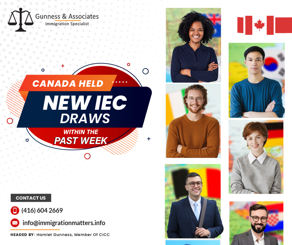 Immigration, Refugees and Citizenship Canada (IRCC) held new IEC draws within the past week. From July 8 to July 14, Canada invited 1,370 young foreigners to apply for an IEC open work permit. As of July 14, 26,678 candidates registered in the pool, awaiting the invitation. Results of the new IEC draws within the past weekIn New IEC draws 1370 new young foreigners are invited to apply for an open work permit.  Here are the details for ITAs interms of each participating country nameNo of ITAsCountry NameNo of ITAsCountry Name3Switzerland210Australia188 Japan2Belgium4Croatia7Costa Rica34 Spain16 Czech Republic12 Denmark3Estonia136 France7Greece5 Hong Kong105 Ireland40 Italy5 Slovakia31Korea17 Poland112 Germany279 United Kingdom1Lithuania4Slovenia18 Netherlands50 New Zealand8Norway17 Taiwan38 Portugal10 Sweden5Austria1Chile2AndorraIn 2023, Canada issued 98,025 ITAs under the IEC Program.New IEC Draws 2023International Experience Canada A number of programs known as International Experience Canada (IEC) allow young people from participating countries to visit Canada temporarily to live and work there. If an international applicant completes one of the IEC programs successfully, they will be qualified to apply for a work permit in Canada without the need for a Labour Market Impact Assessment (LMIA). With the acceptance of work permits, IEC permits temporary stay in Canada for a maximum of one year.EC work permits are authorized using a system of random draws. Not all foreign nationals who indicate interest in the program will be chosen. Success chances depend on the quota for each program and country. There are three separate programs administered by the IEC. Interested applicants should confirm the requirements for the various programs even if IEC has general standards. Each program has its own requirements and may lead to a sure kind of work authorization:Working Holiday
Young Professionals
International Co-op InternshipJoin our RSS Feed Want to know more details about “Canada held new IEC draws within the past week” you can contact one of our immigration specialists at  Gunness & Associates.Tel: (416) 604-2669 Email: info@immigrationmatters.infoGunness & Associates has helped thousands of people successfully immigrate to Canada with their families. Our skilled and experienced immigration experts have the expertise to accurately examine your case and advise you on the best method of proceeding to best serve your needs.For honest and straightforward advice, contact the expertsat Gunness & AssociatesGet a free Assessment Join our newsletter and get up-to-date immigration news Click hereAll rights reserved ©2023 Gunness & Associates